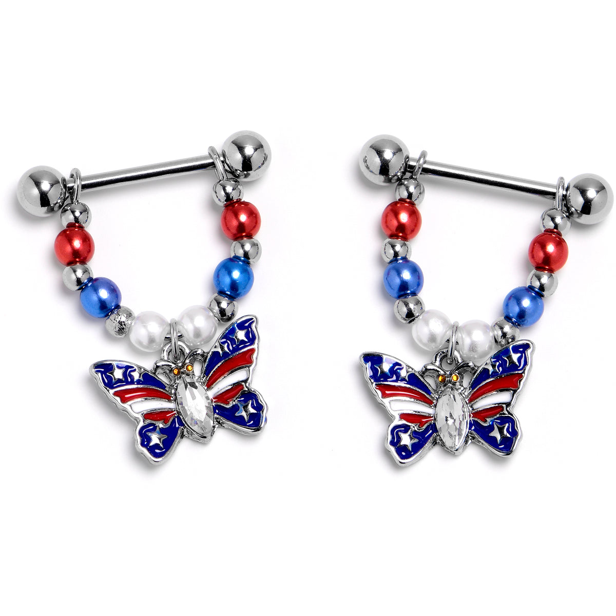 14G 9/16 Clear Gem Patriotic Butterfly Dangle Nipple Ring Set