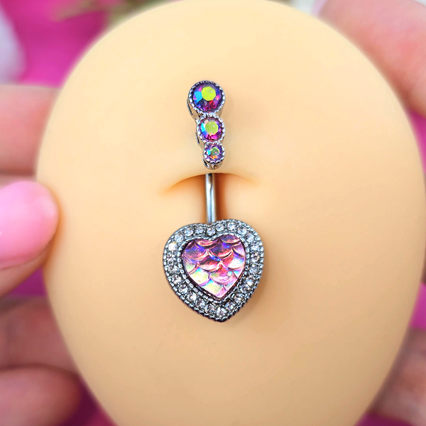 Pink Gem Mermaid Scale Heart Double Mount Belly Ring