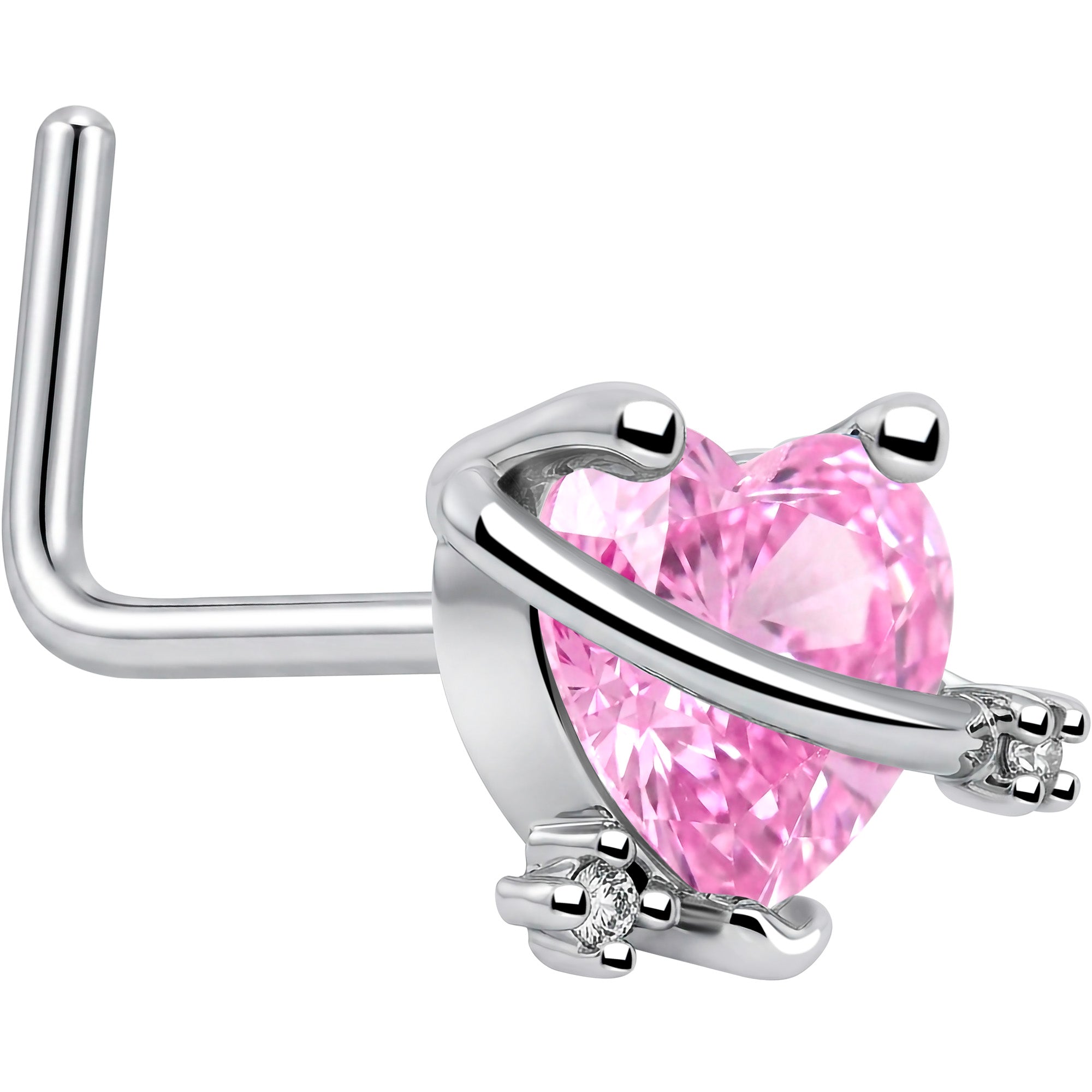 20G 1/4 Pink CZ Gem Heart Saturn L Shape Nose Ring