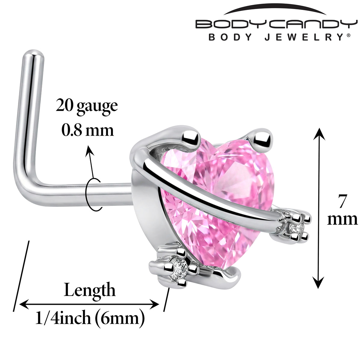 20G 1/4 Pink CZ Gem Heart Saturn L Shape Nose Ring