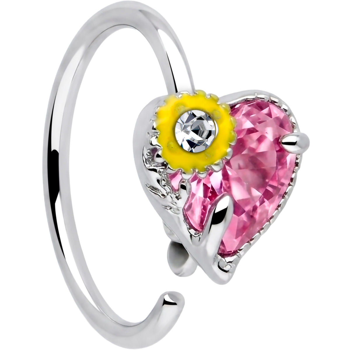 20G 5/16 Pink Clear Gem Sunflower Heart Love Nose Hoop