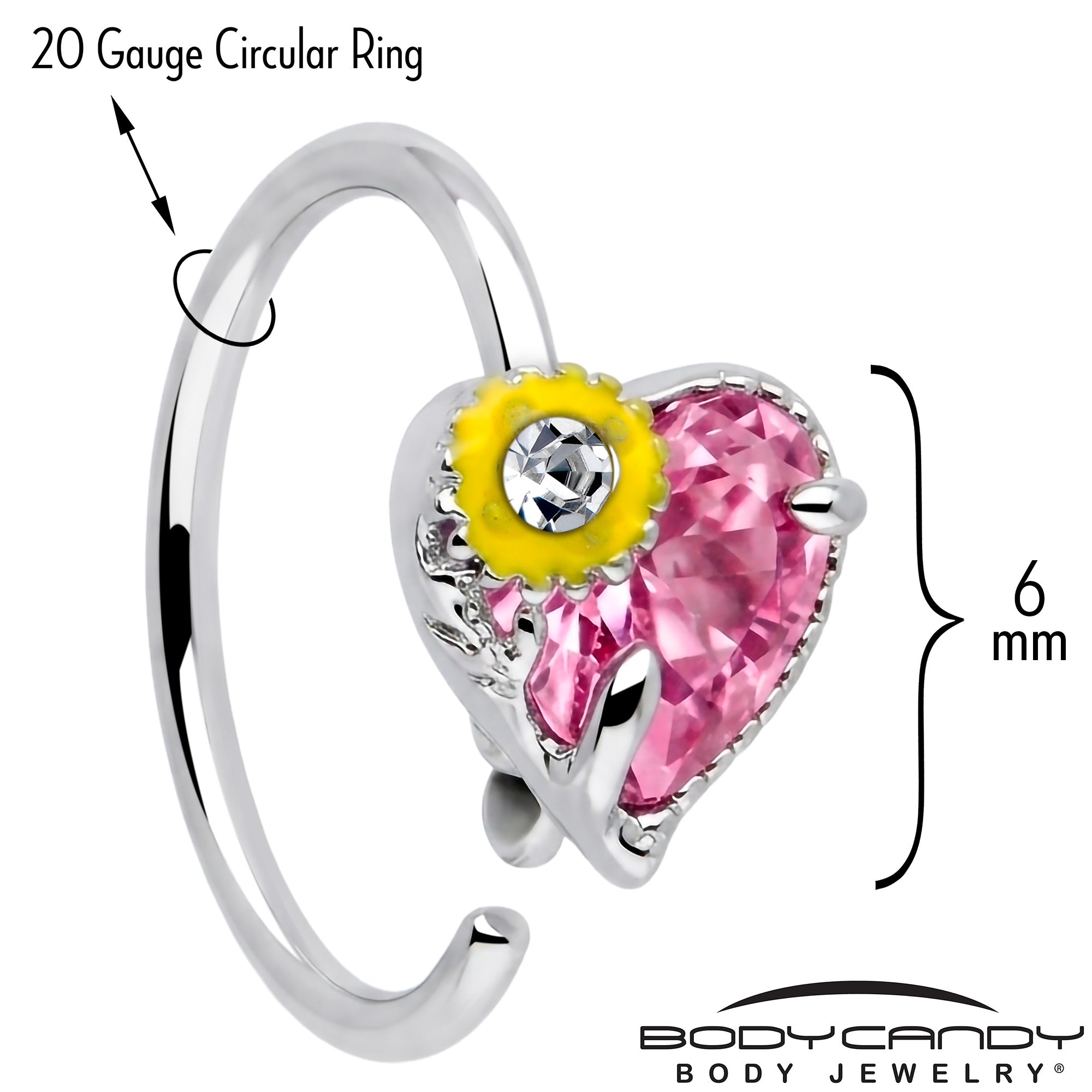 20G 5/16 Pink Clear Gem Sunflower Heart Love Nose Hoop