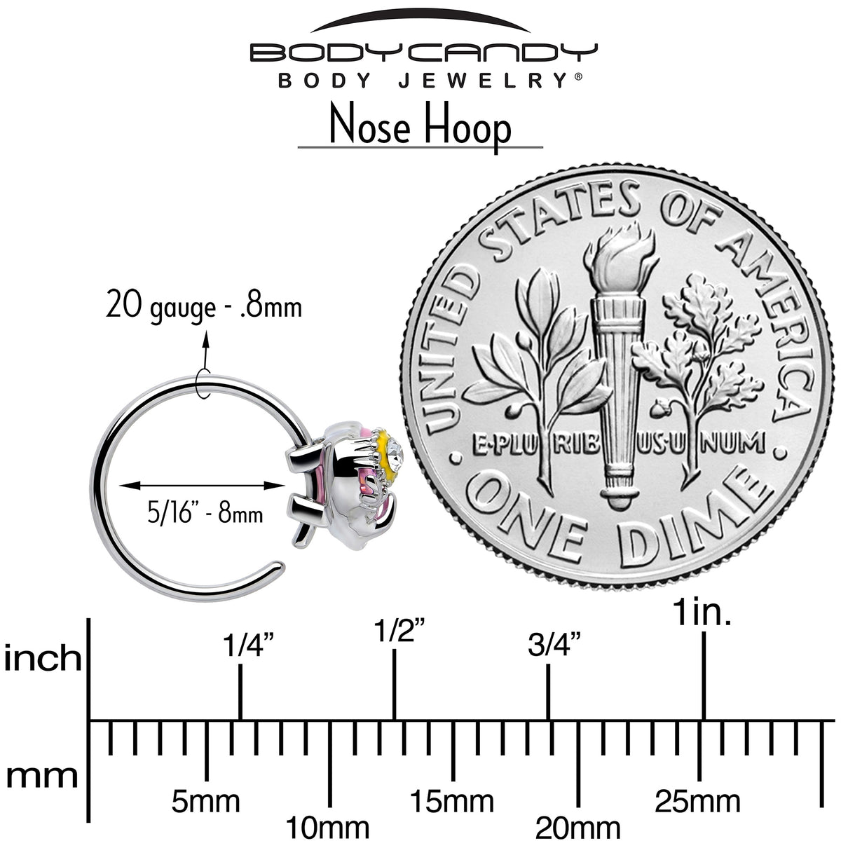 20G 5/16 Pink Clear Gem Sunflower Heart Love Nose Hoop