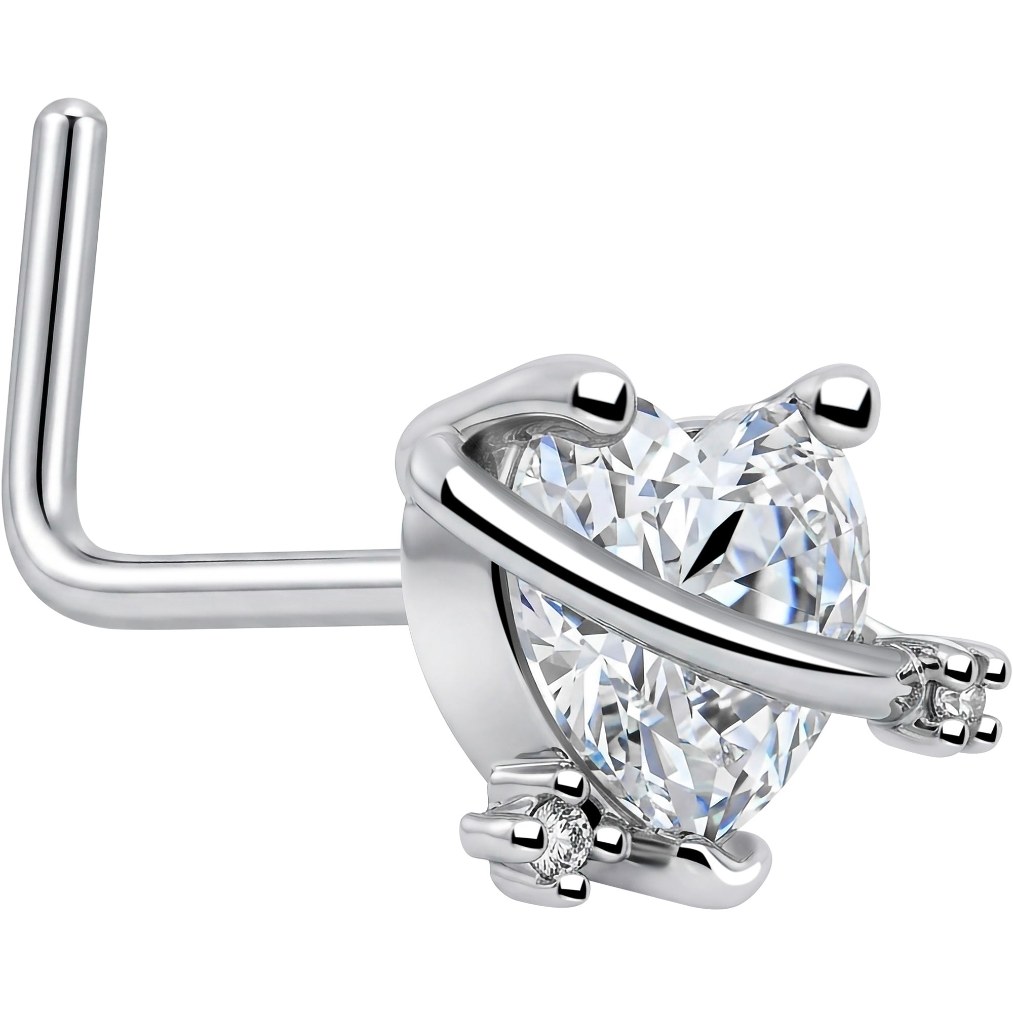 20G 1/4 Clear CZ Gem Heart Saturn L Shape Nose Ring