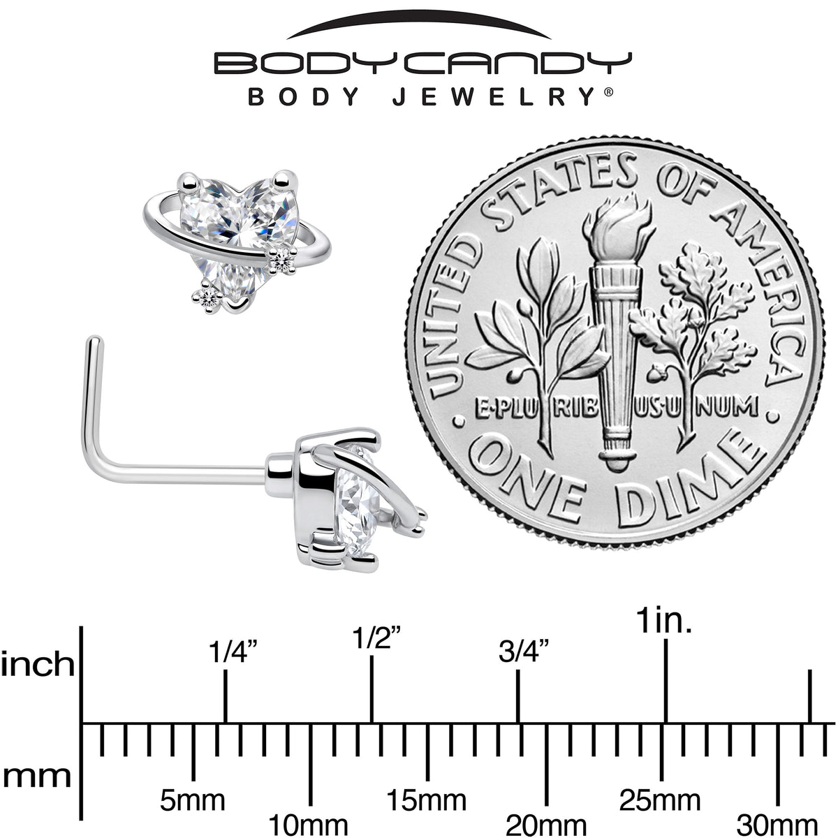 20G 1/4 Clear CZ Gem Heart Saturn L Shape Nose Ring
