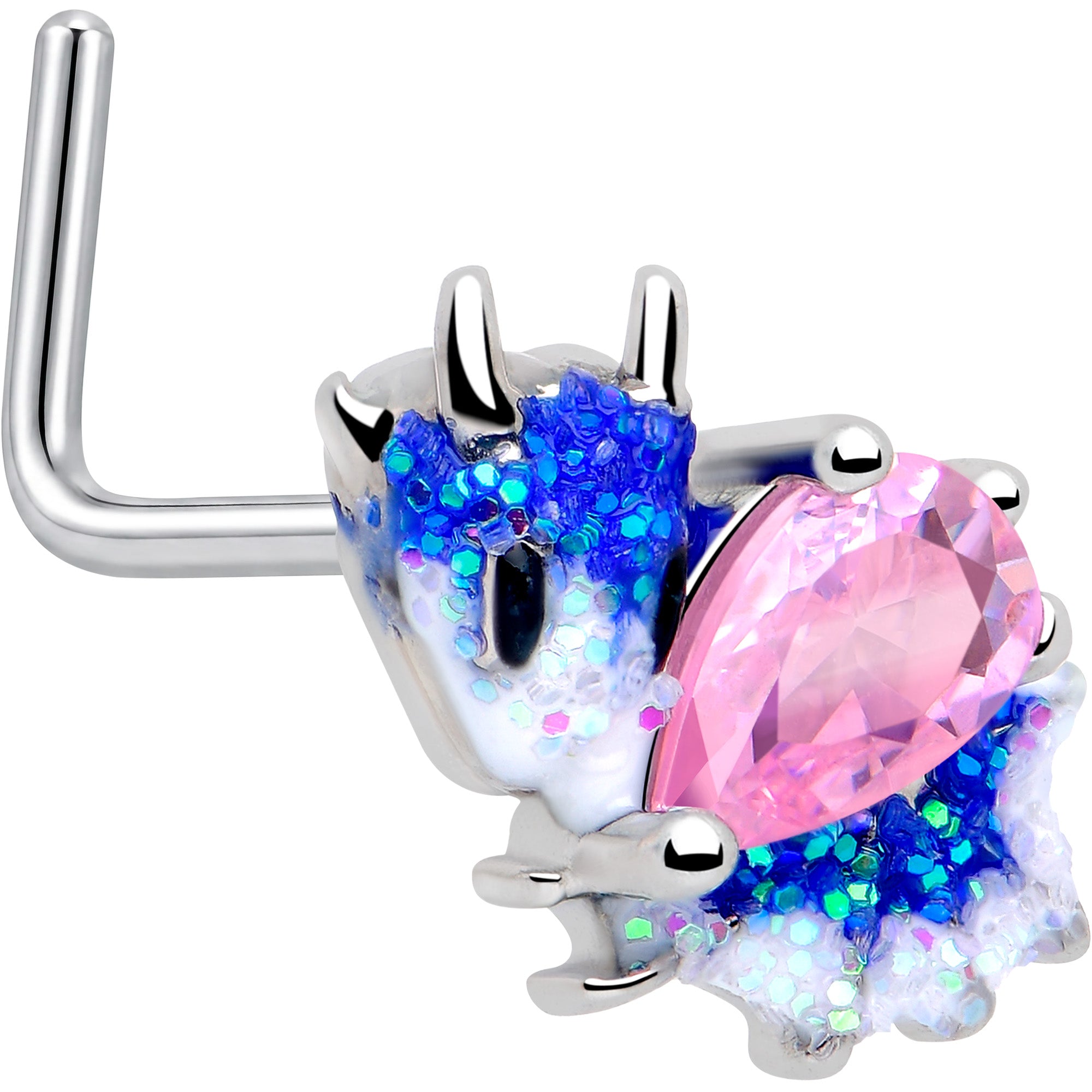 20G 7mm Pink CZ Gem Sea Monster Glitter Blue L Shape Nose Ring