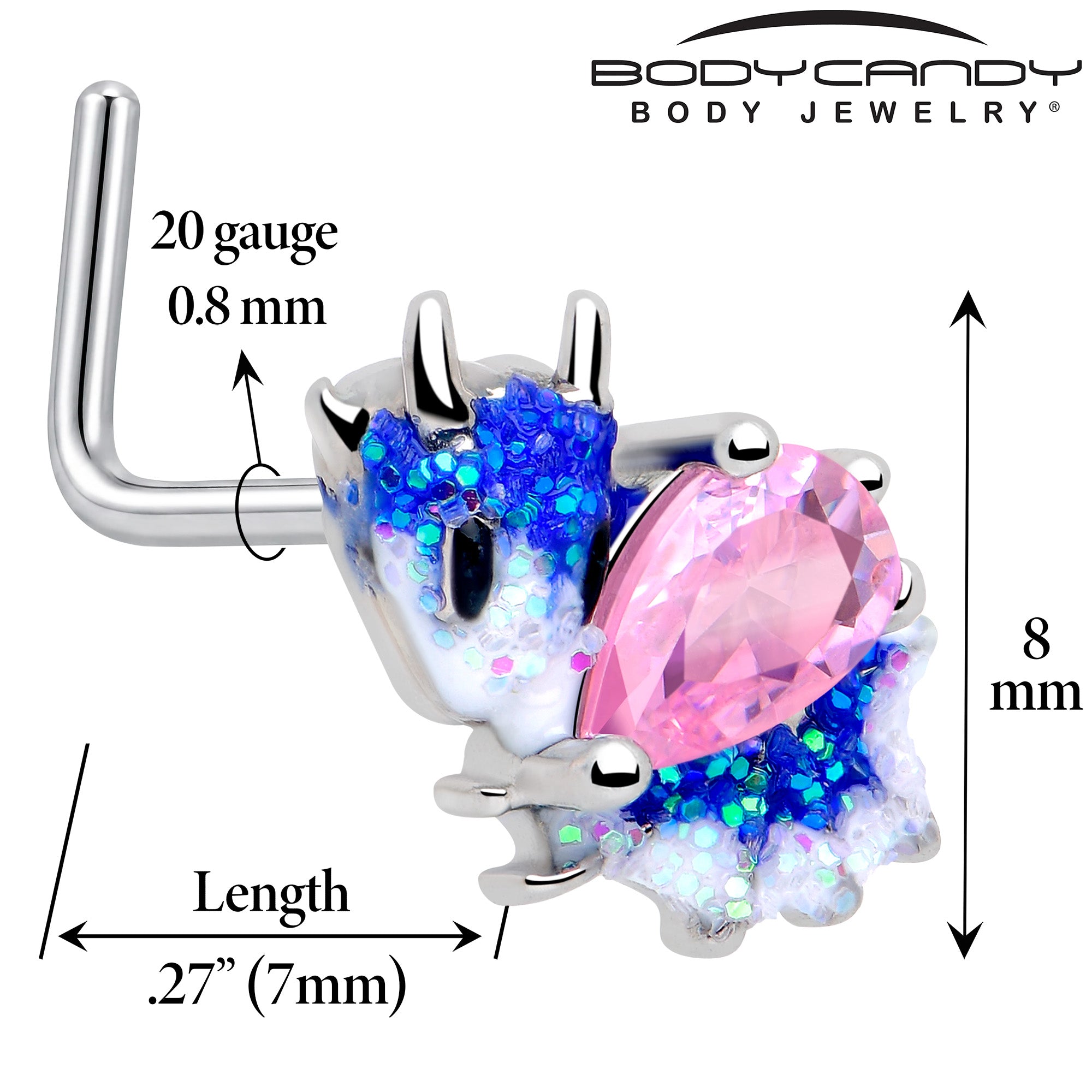 20G 7mm Pink CZ Gem Sea Monster Glitter Blue L Shape Nose Ring