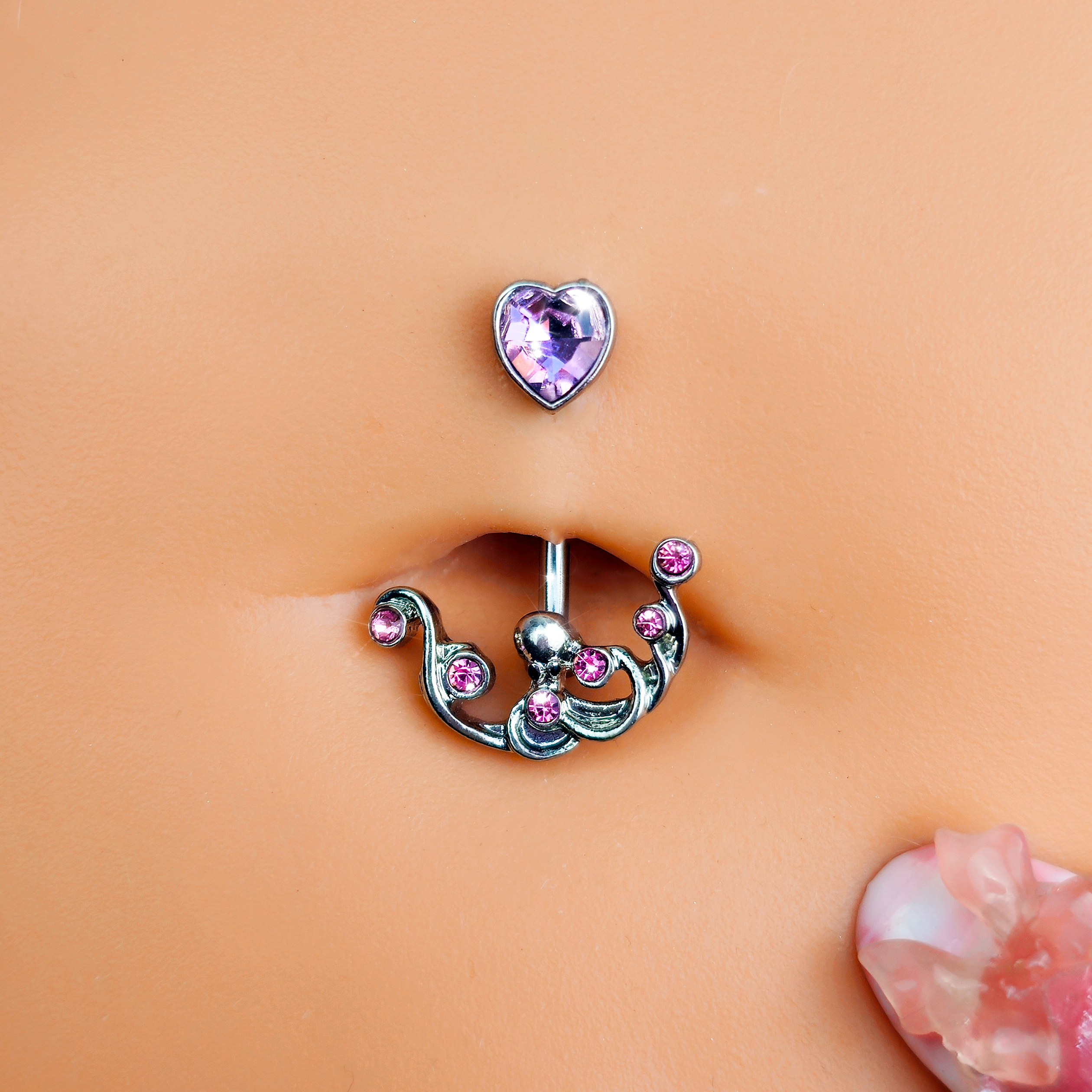 Pink Gem Heart Scrolling Elegance Double Mount Belly Ring