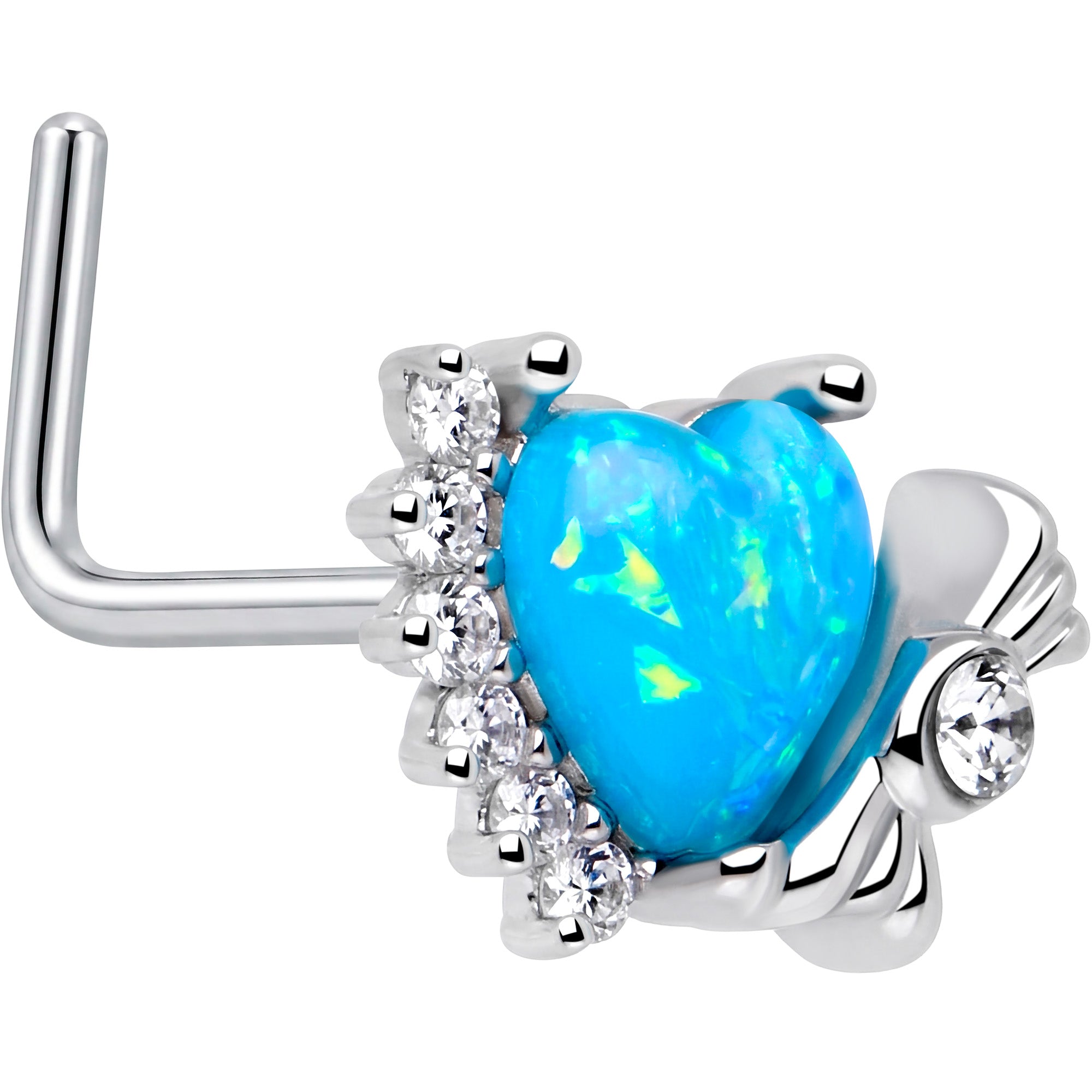 20G 7mm Blue Faux Opal Sunny Heart L Shape Nose Ring