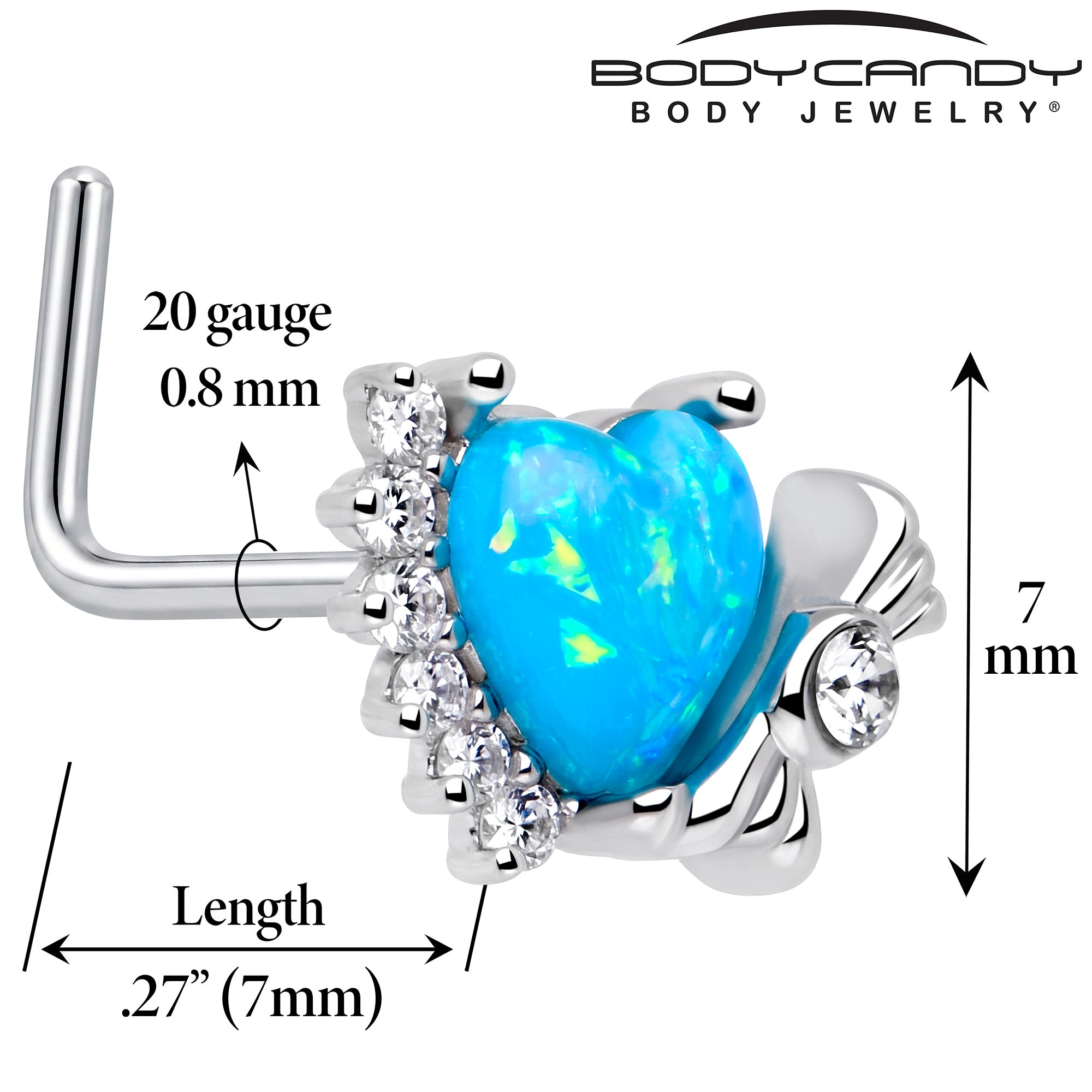 20G 7mm Blue Faux Opal Sunny Heart L Shape Nose Ring