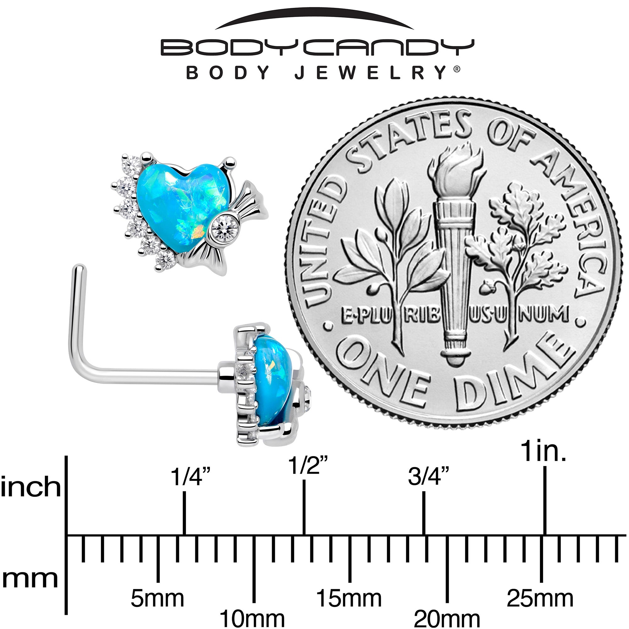 20G 7mm Blue Faux Opal Sunny Heart L Shape Nose Ring