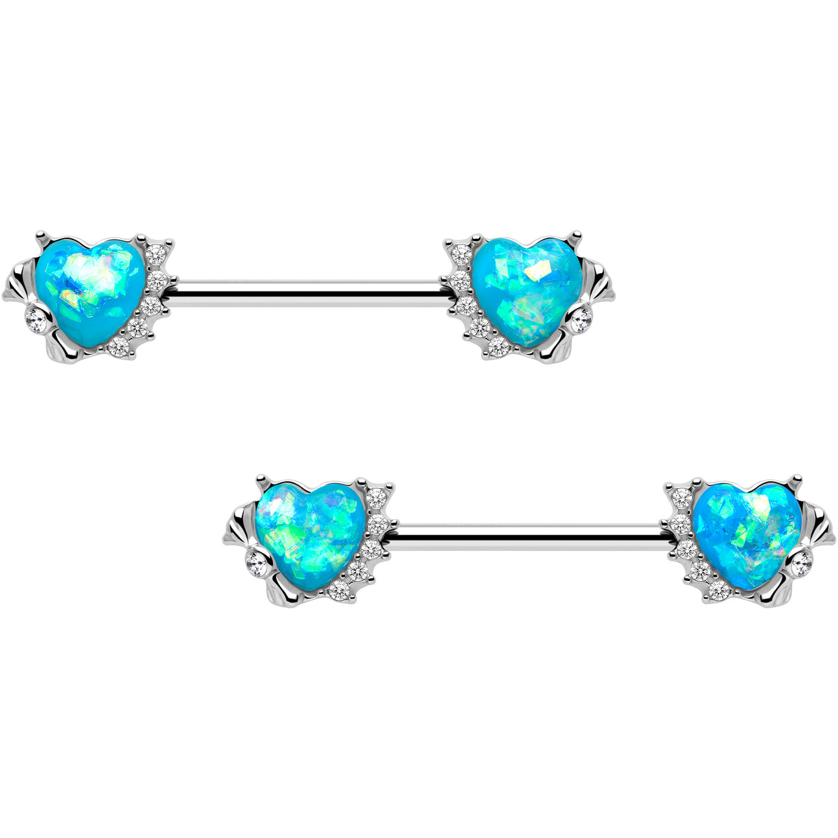 14G 9/16 Blue Faux Opal Sun Heart Barbell Nipple Ring Set