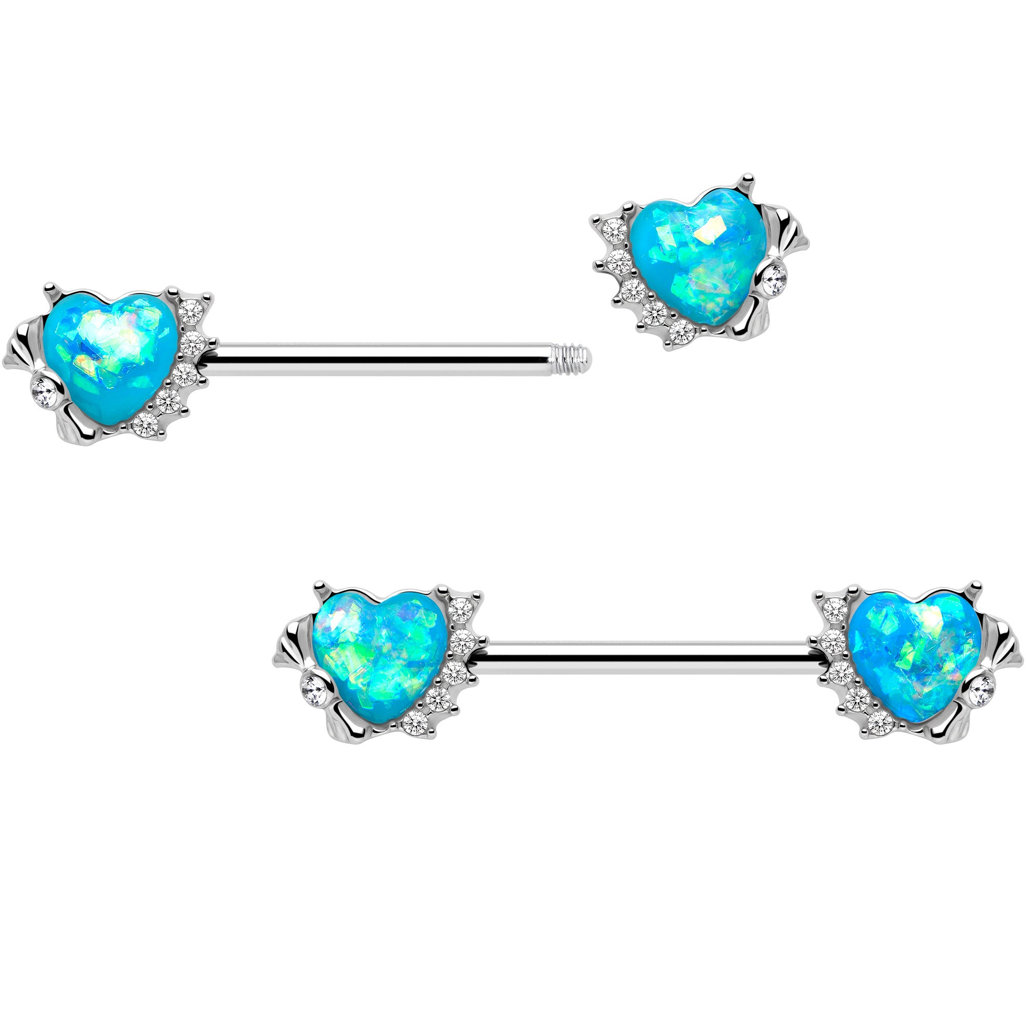 14G 9/16 Blue Faux Opal Sun Heart Barbell Nipple Ring Set