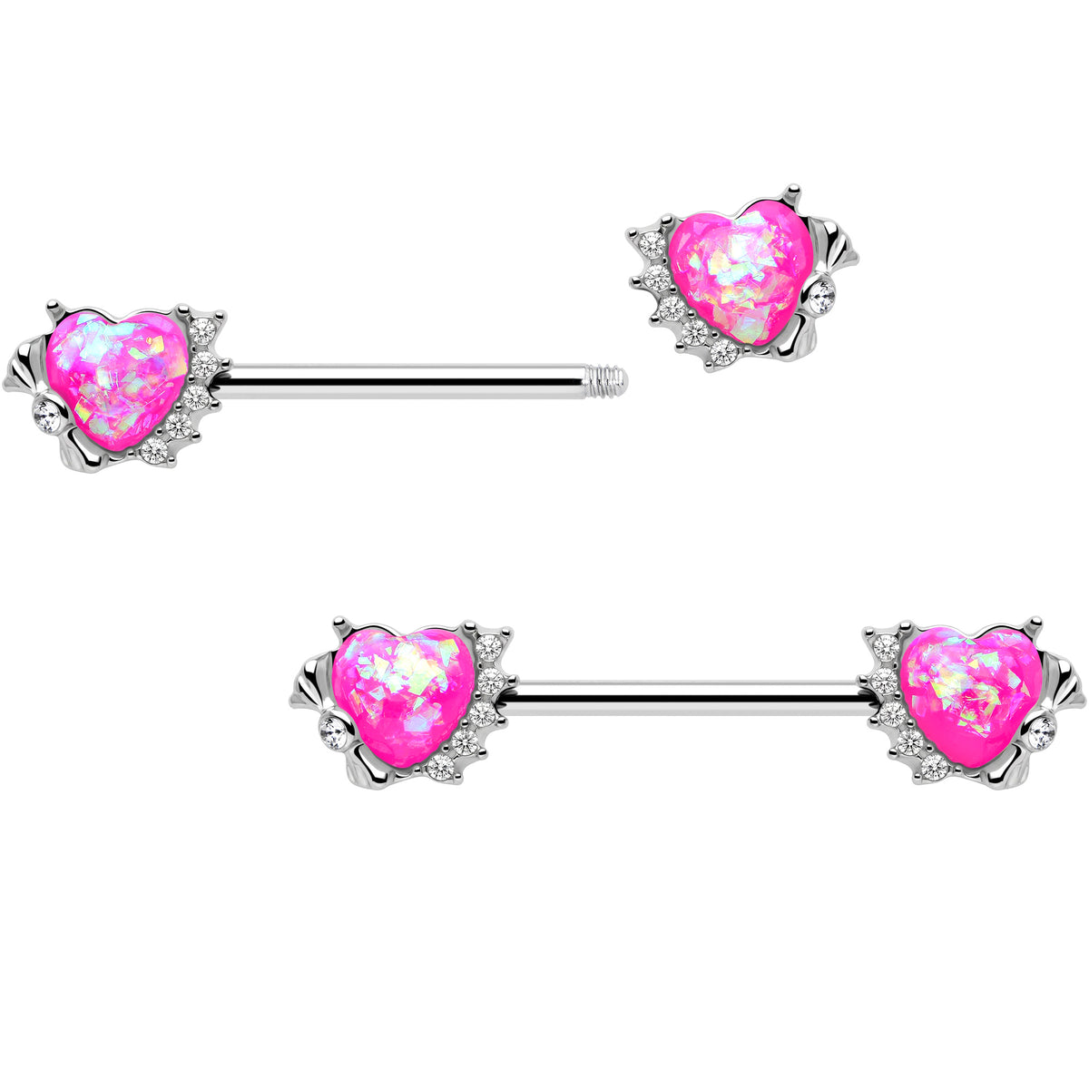 14G 9/16 Pink Faux Opal Sun Heart Barbell Nipple Ring Set