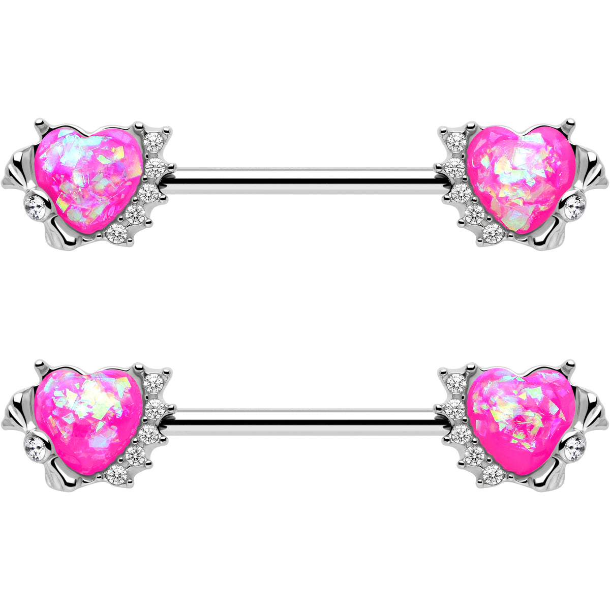 14G 9/16 Pink Faux Opal Sun Heart Barbell Nipple Ring Set