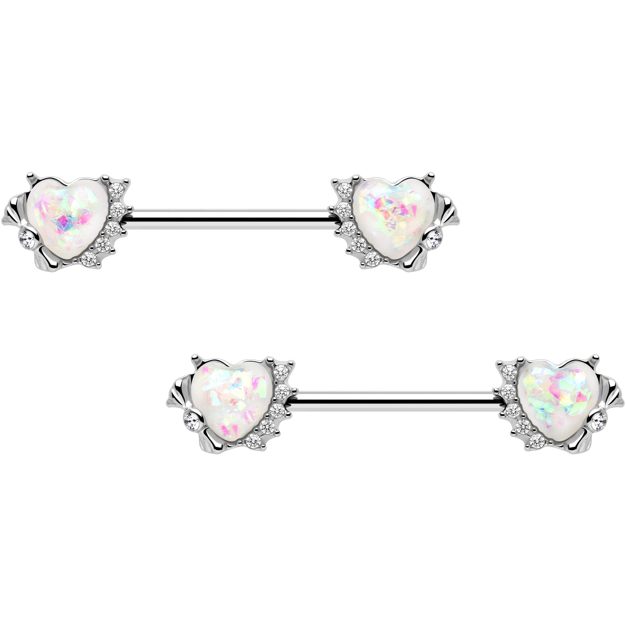 14G 9/16 White Faux Opal Sun Heart Barbell Nipple Ring Set