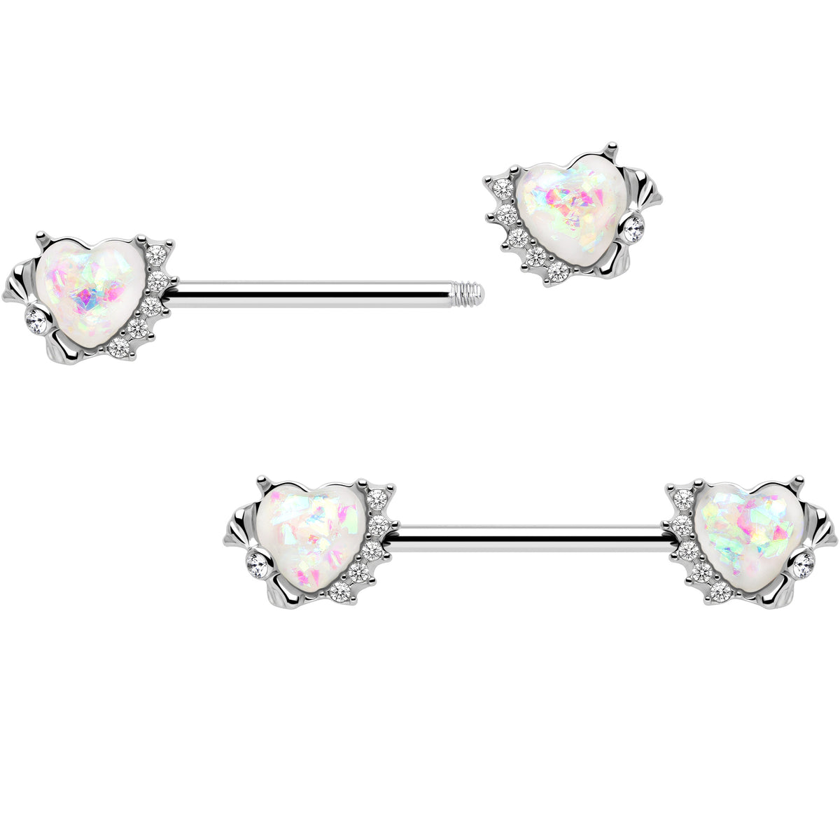 14G 9/16 White Faux Opal Sun Heart Barbell Nipple Ring Set
