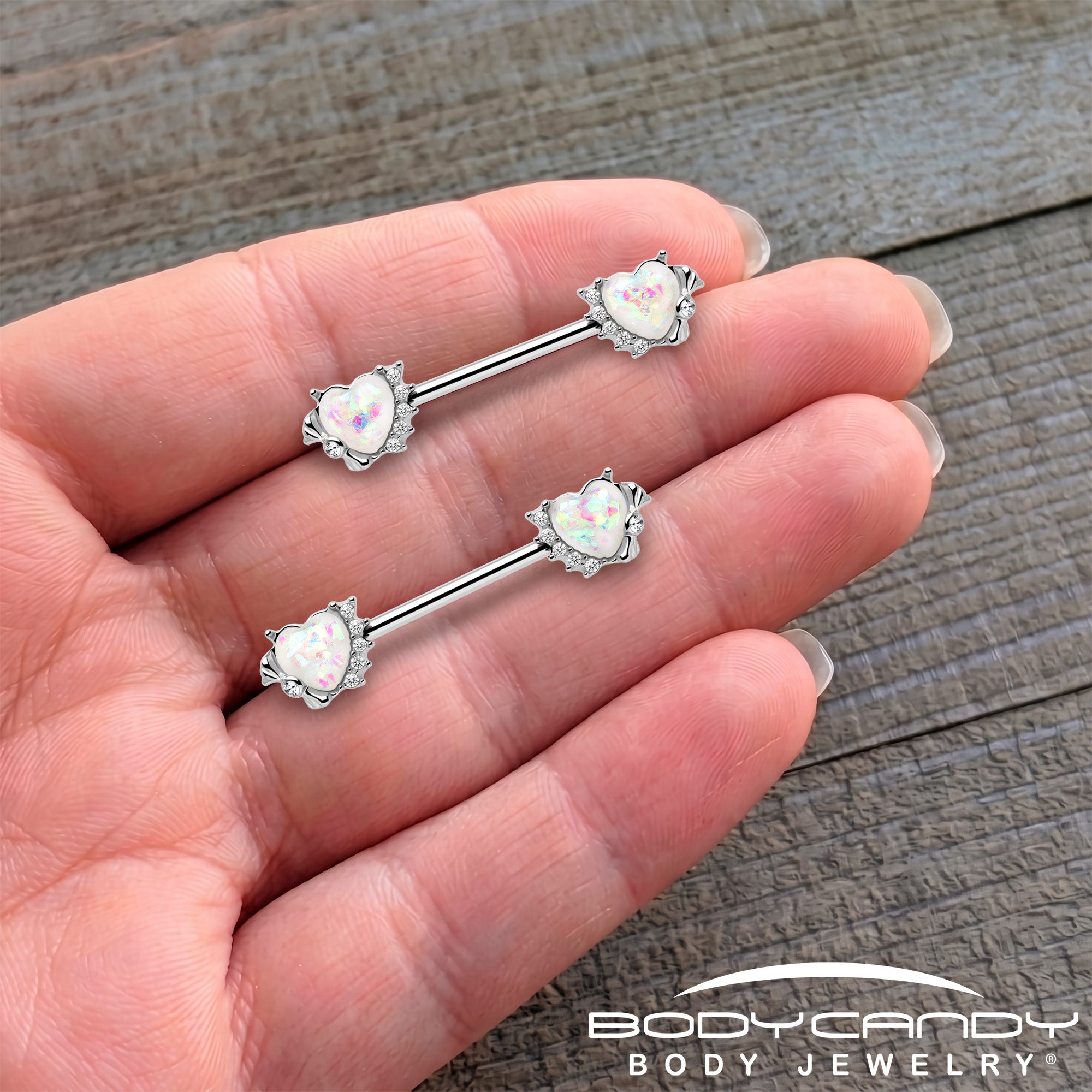 14G 9/16 White Faux Opal Sun Heart Barbell Nipple Ring Set
