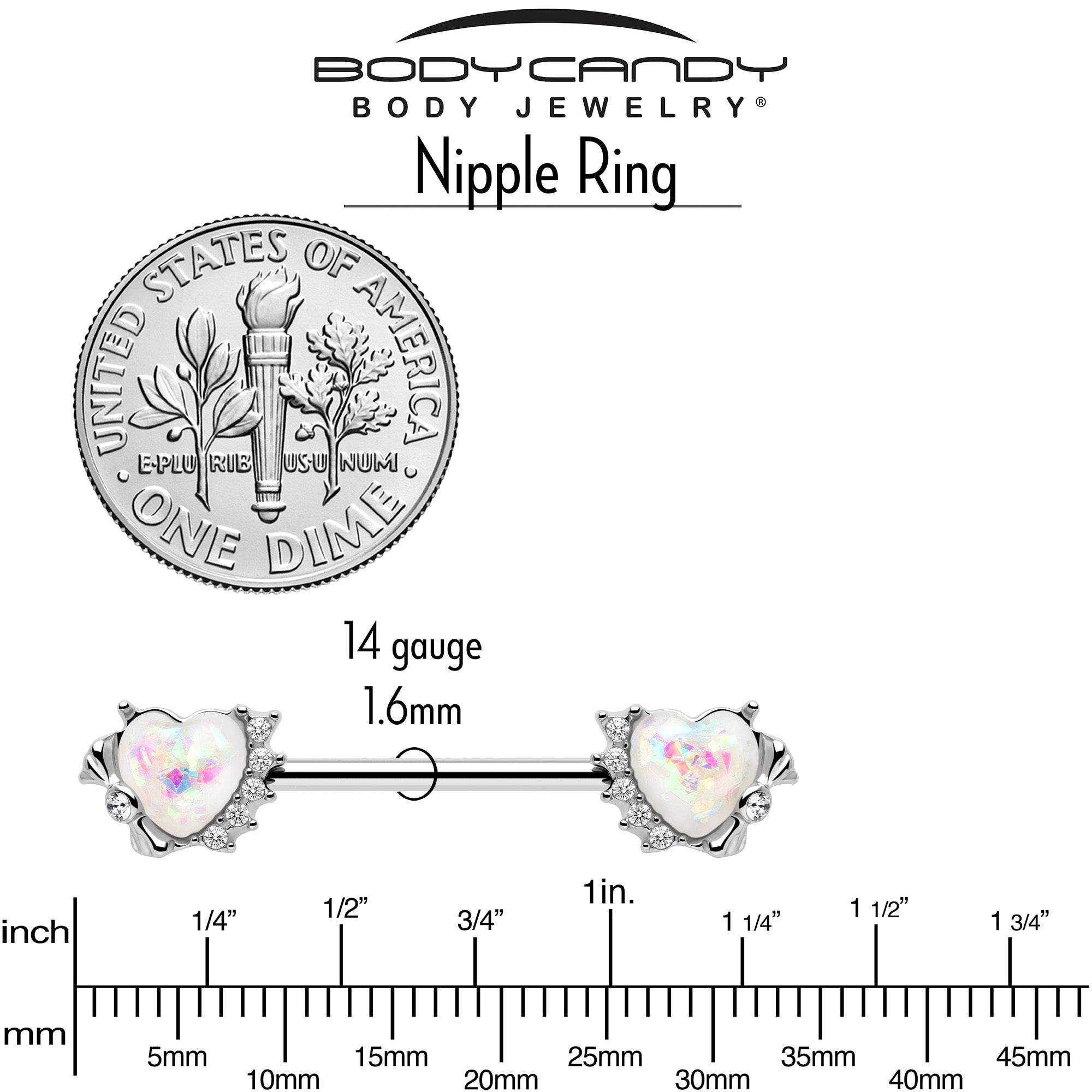 14G 9/16 White Faux Opal Sun Heart Barbell Nipple Ring Set