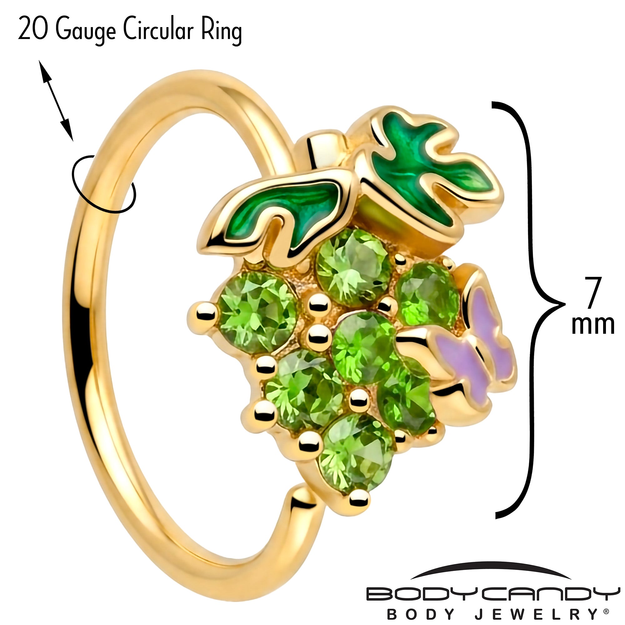 20G 5/16 Green Gem Gold Tone Butterfly Grapes Nose Hoop