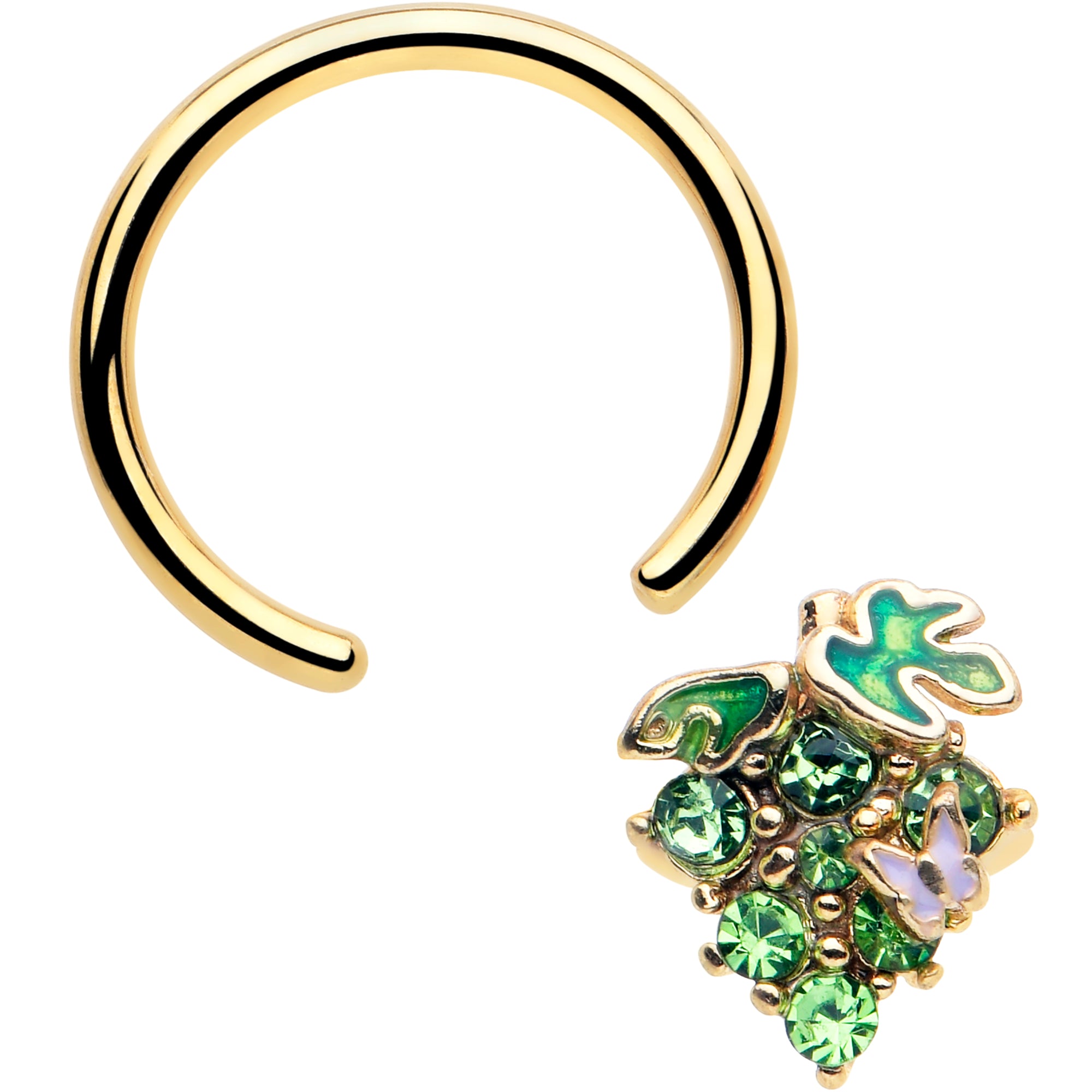 16G 3/8 Green Gem Gold Tone Butterfly Grapes BCR Captive Ring