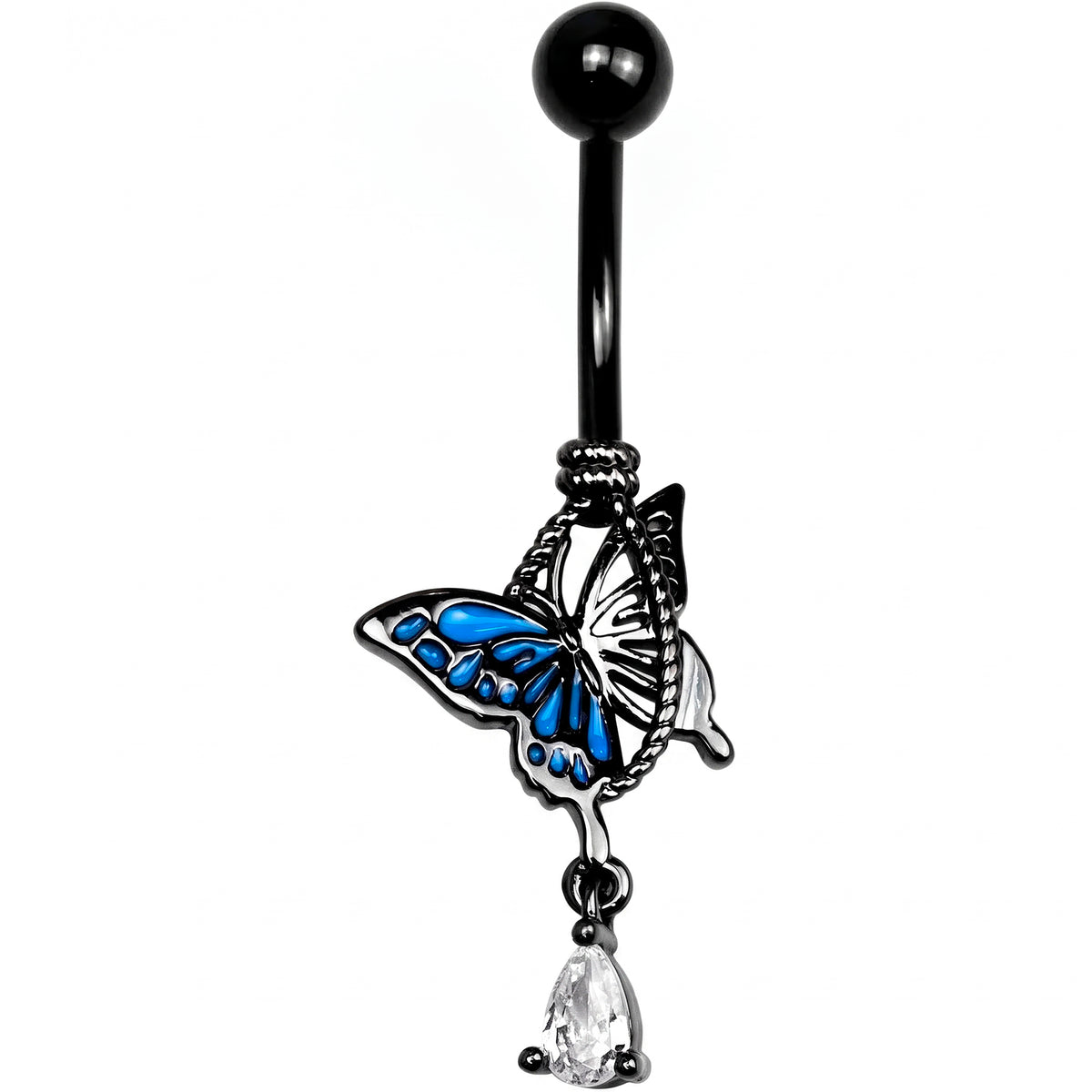 Clear Gem Black Blue Butterfly Catching Dangle Belly Ring