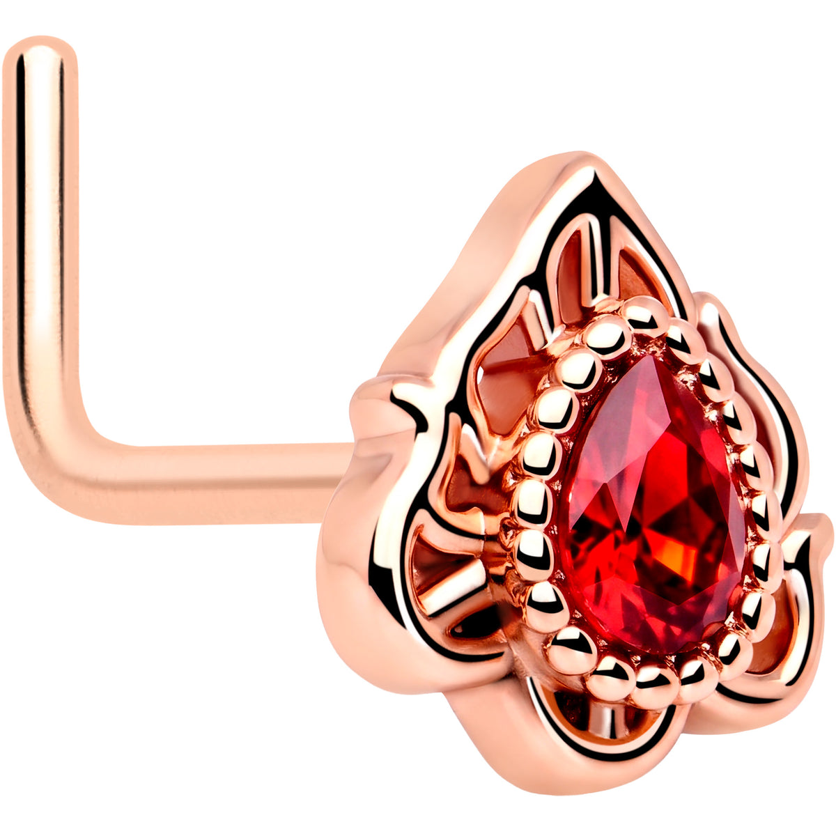 20G 7mm Red Gem Rose Gold Tone Simple Drop L Shape Nose Ring