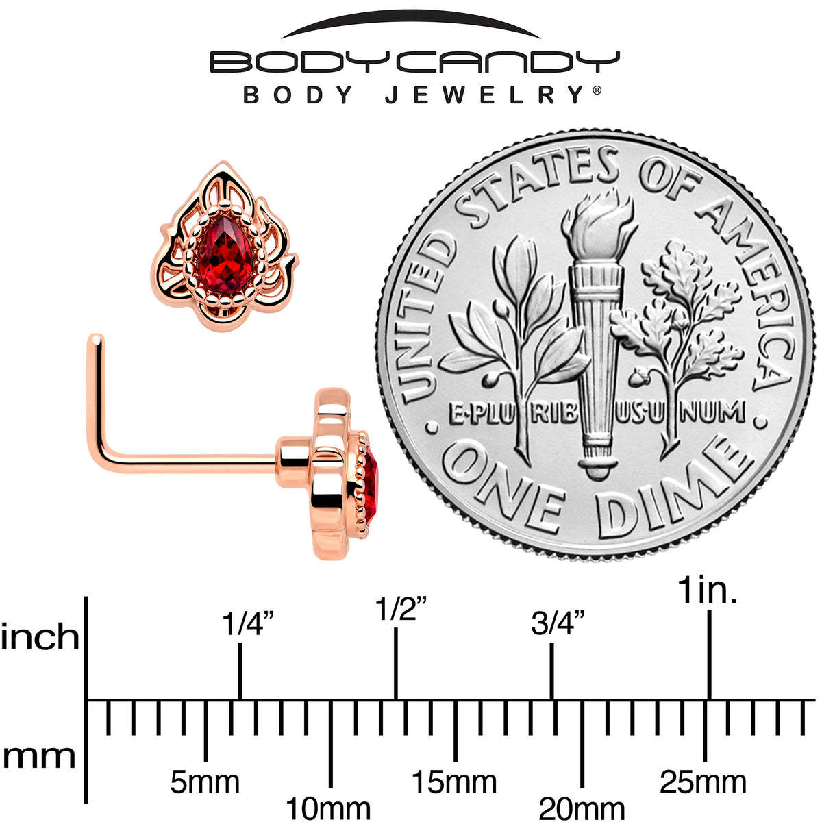 20G 7mm Red Gem Rose Gold Tone Simple Drop L Shape Nose Ring