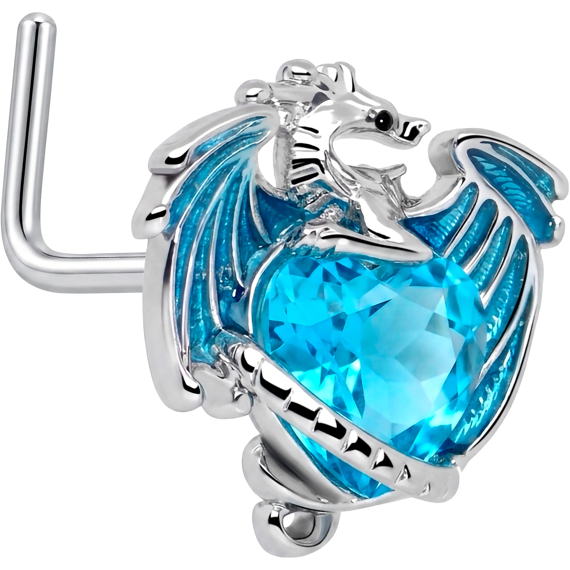 20G 7mm Blue CZ Gem Heart of Dragon L Shape Nose Ring