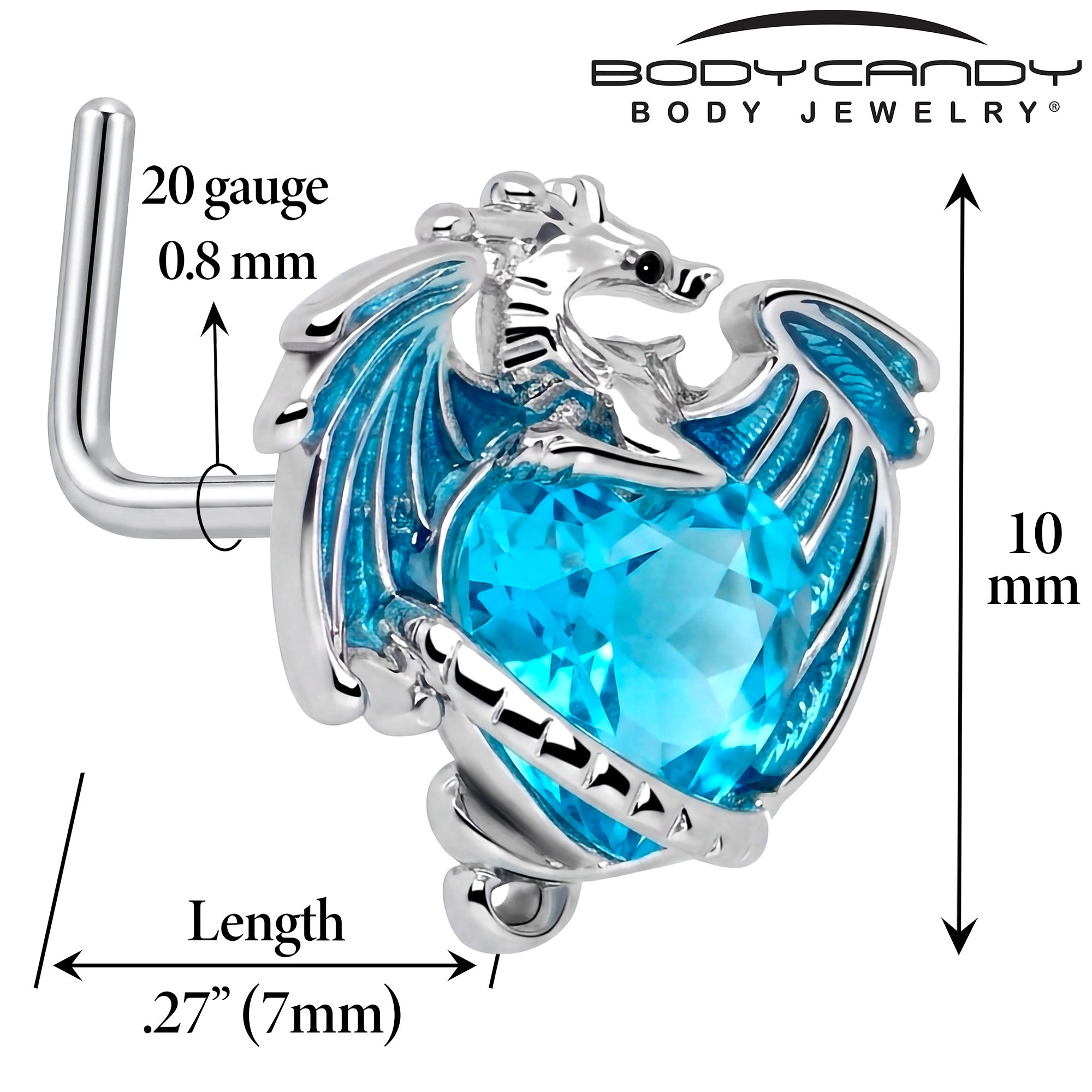 20G 7mm Blue CZ Gem Heart of Dragon L Shape Nose Ring