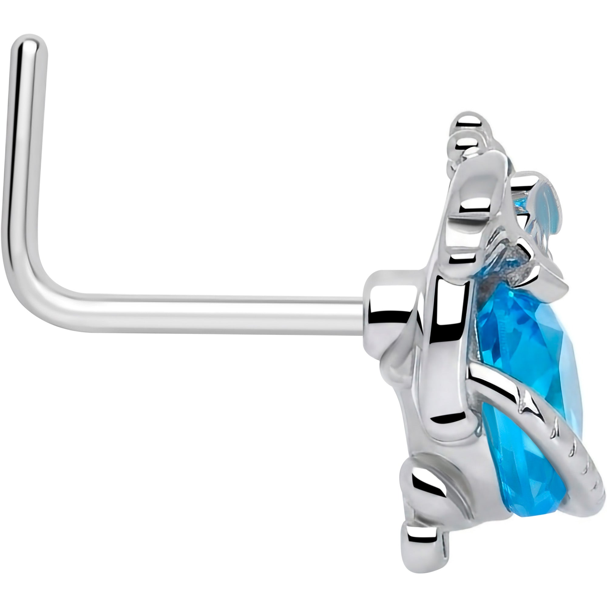 20G 7mm Blue CZ Gem Heart of Dragon L Shape Nose Ring