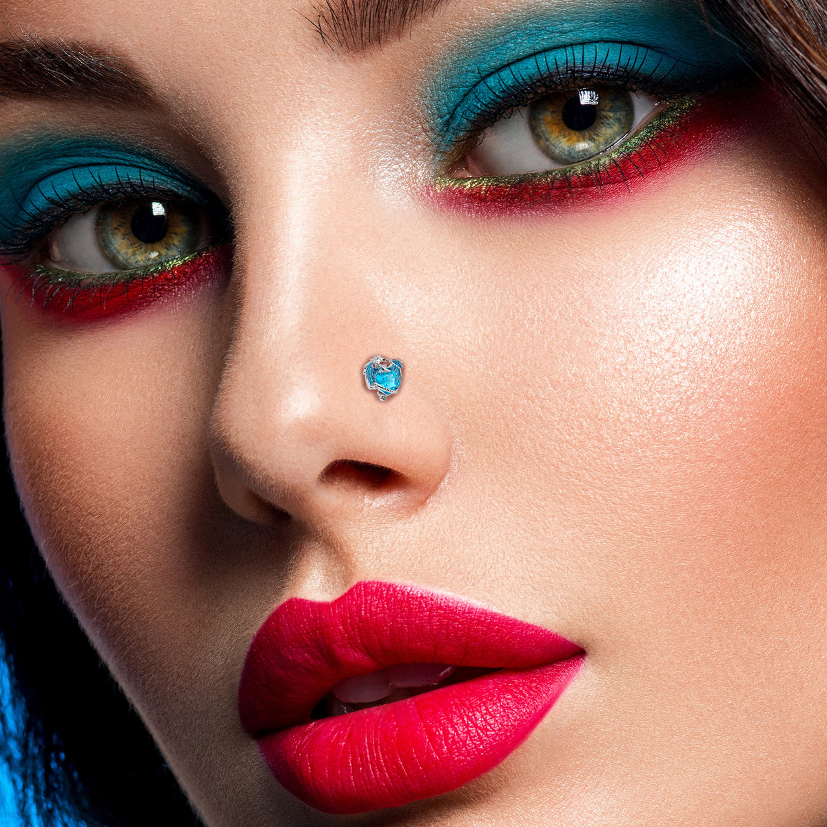 20G 7mm Blue CZ Gem Heart of Dragon L Shape Nose Ring
