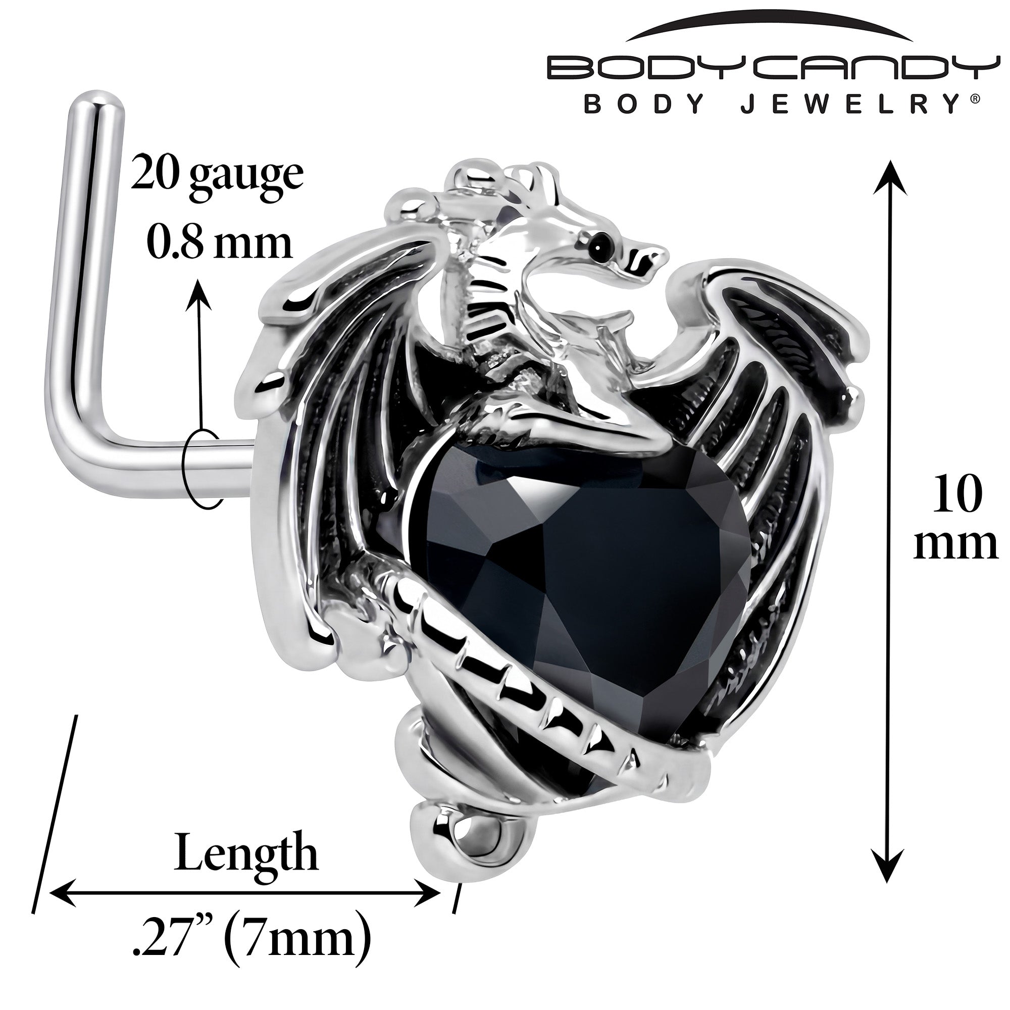 20G 7mm Black CZ Gem Heart of Dragon L Shape Nose Ring