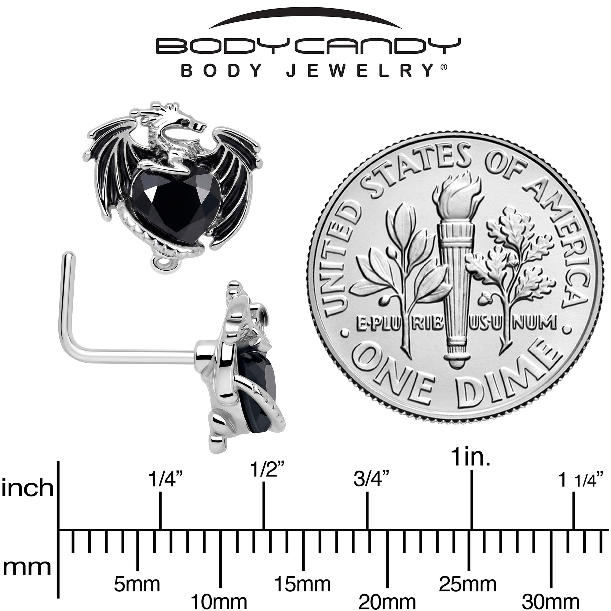 20G 7mm Black CZ Gem Heart of Dragon L Shape Nose Ring