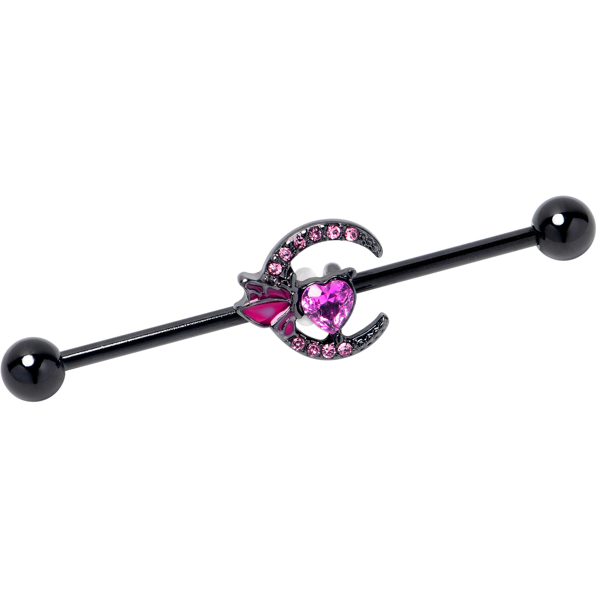 14G Pink Gem Black Moon Heart Butterfly Industrial Barbell 38mm