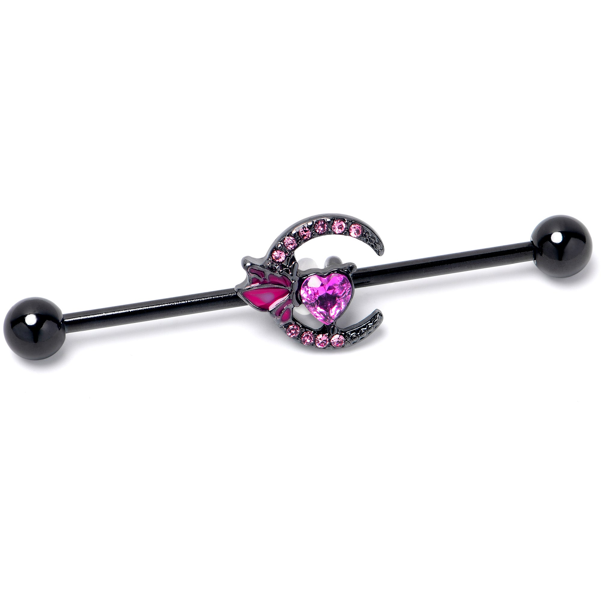 14G Pink Gem Black Moon Heart Butterfly Industrial Barbell 38mm