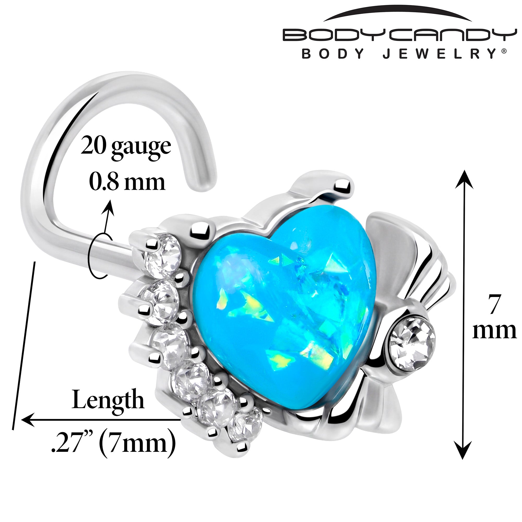 20G 7mm Blue Faux Opal Sunny Heart Left Side Nose Screw