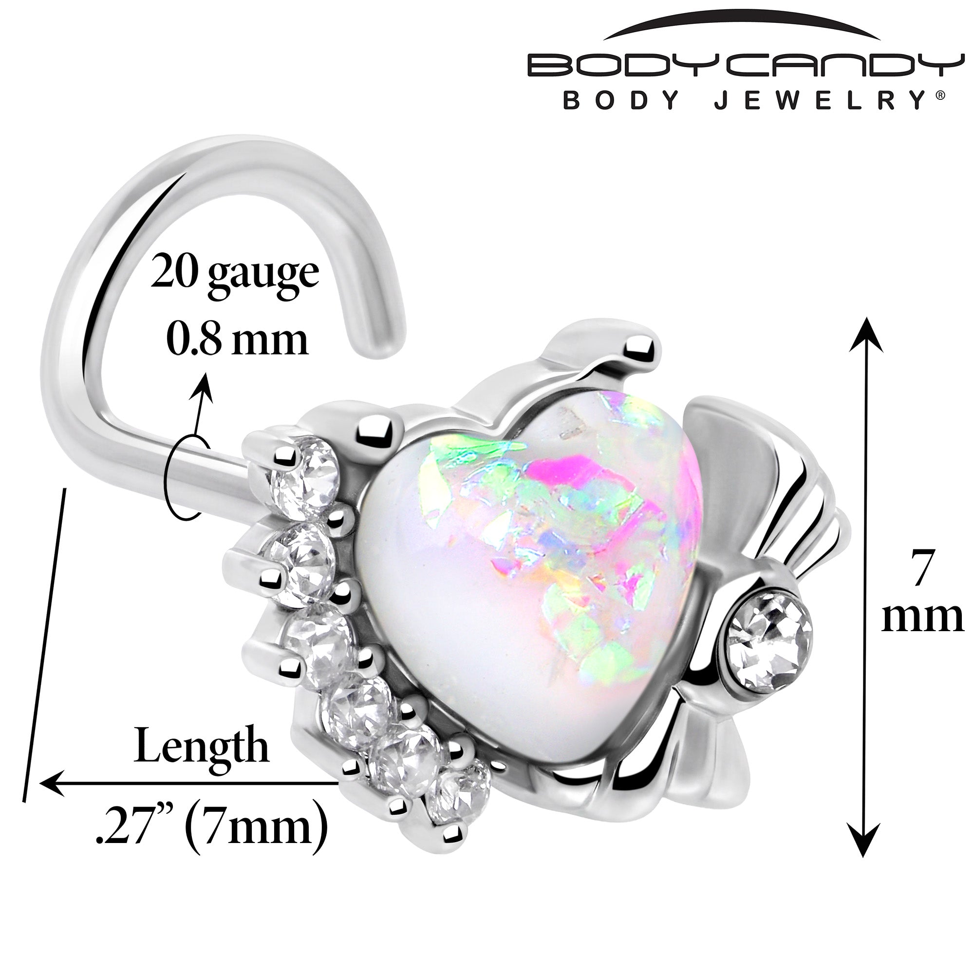 20G 7mm White Faux Opal Sunny Heart Left Side Nose Screw