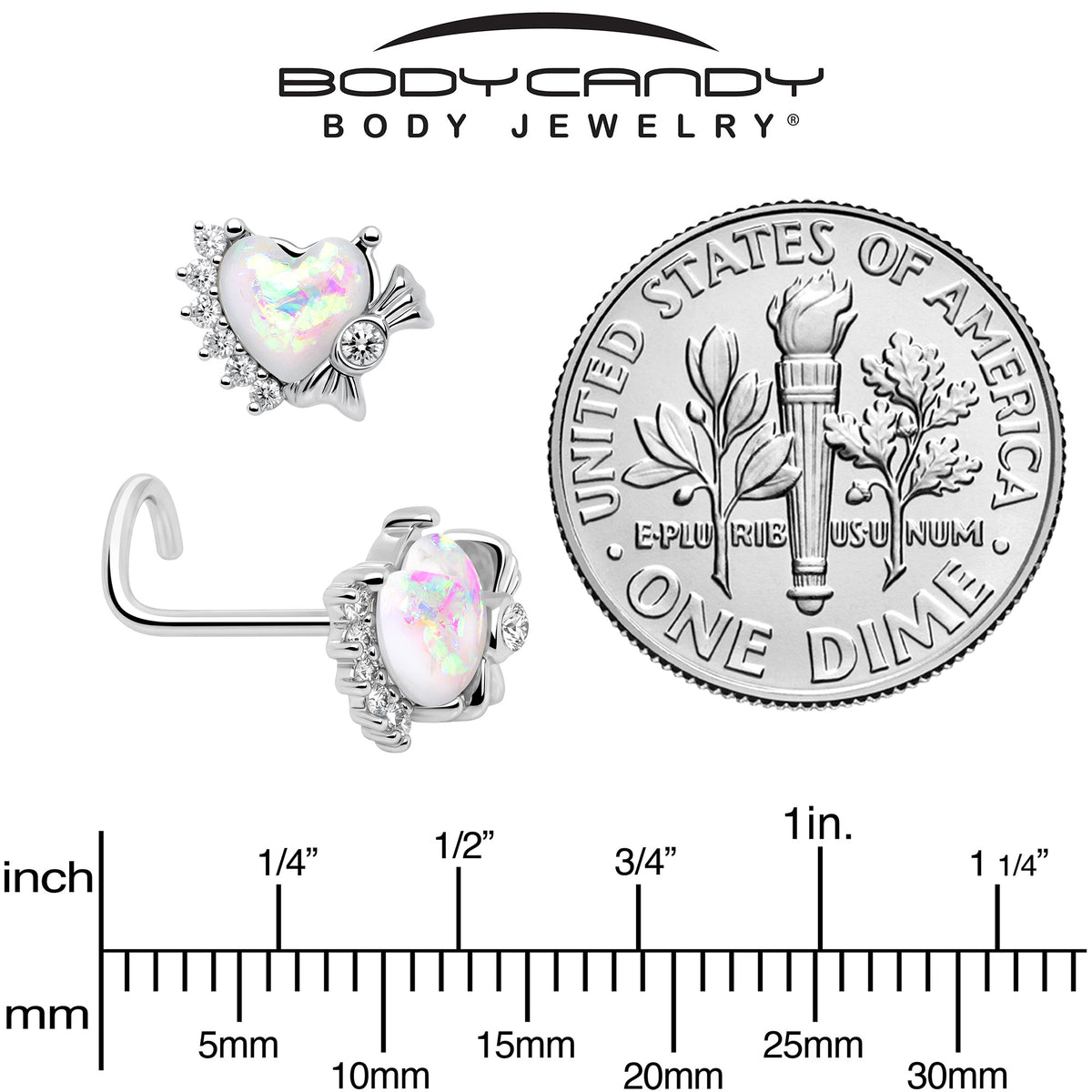 20G 7mm White Faux Opal Sunny Heart Left Side Nose Screw