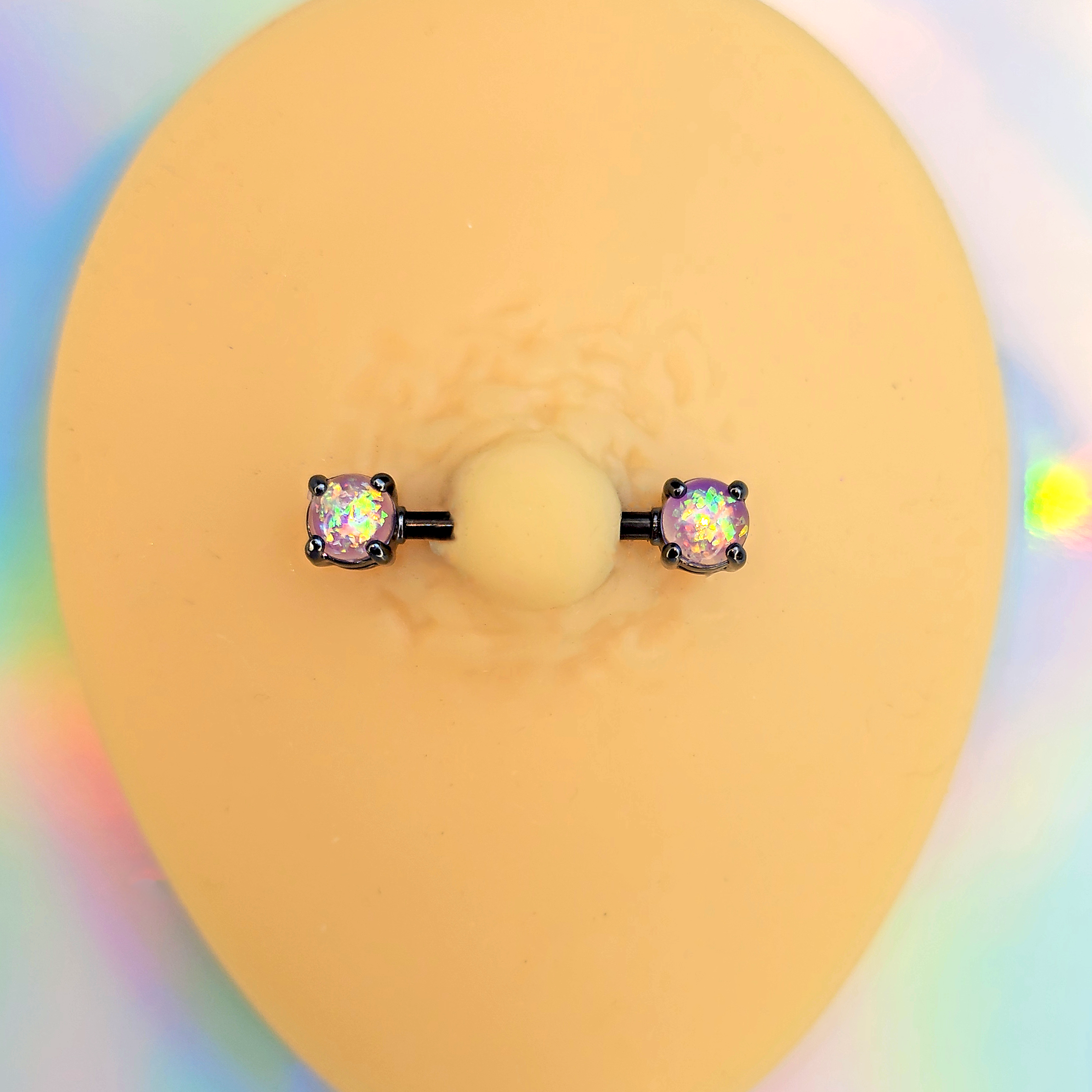 14G 9/16 Purple Faux Opal Black Internally Threaded Nipple Ring Set