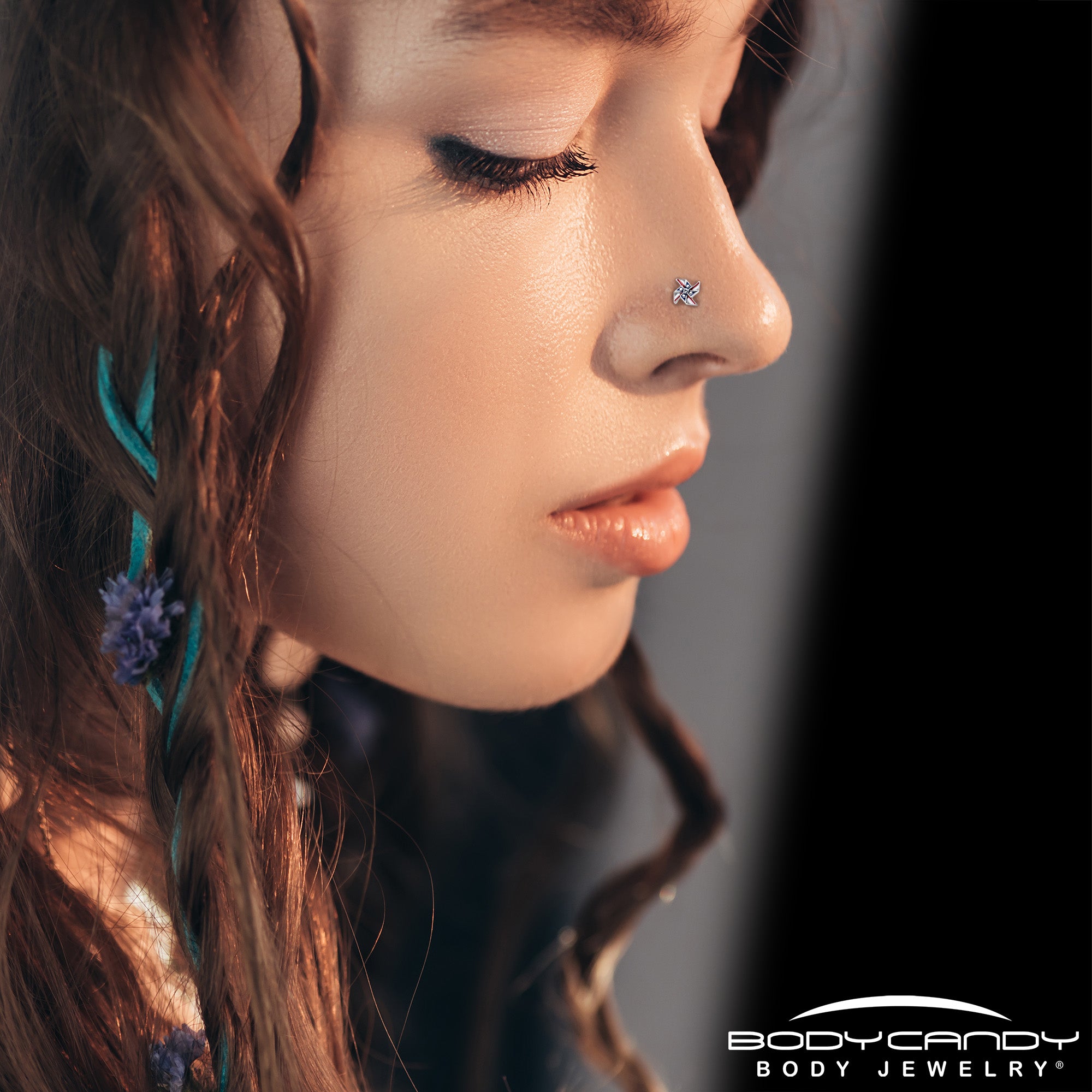 20G 7mm Clear Gem Festive Patriot Pinwheel L Shape Nose Ring