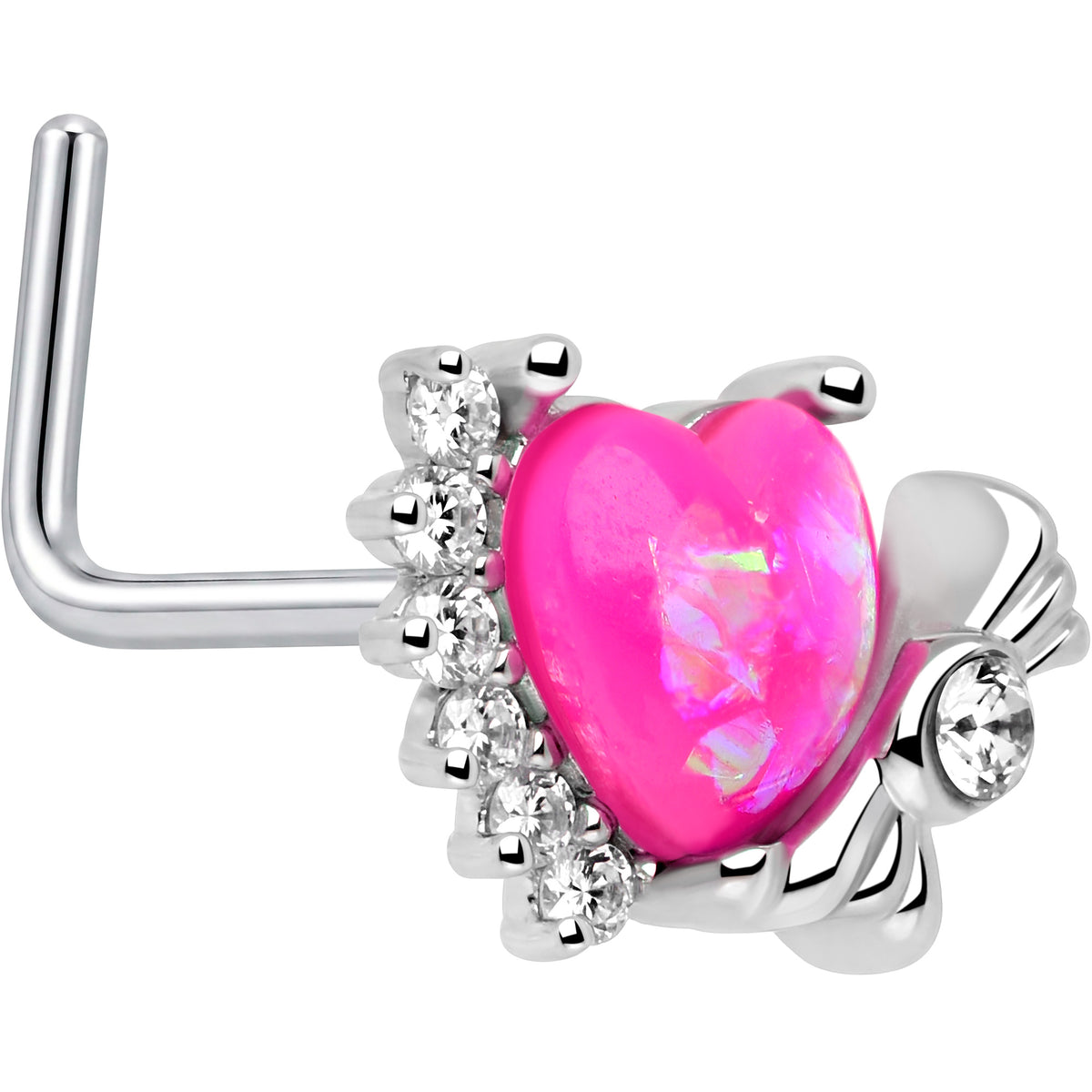 20G 7mm Pink Faux Opal Sunny Heart L Shape Nose Ring