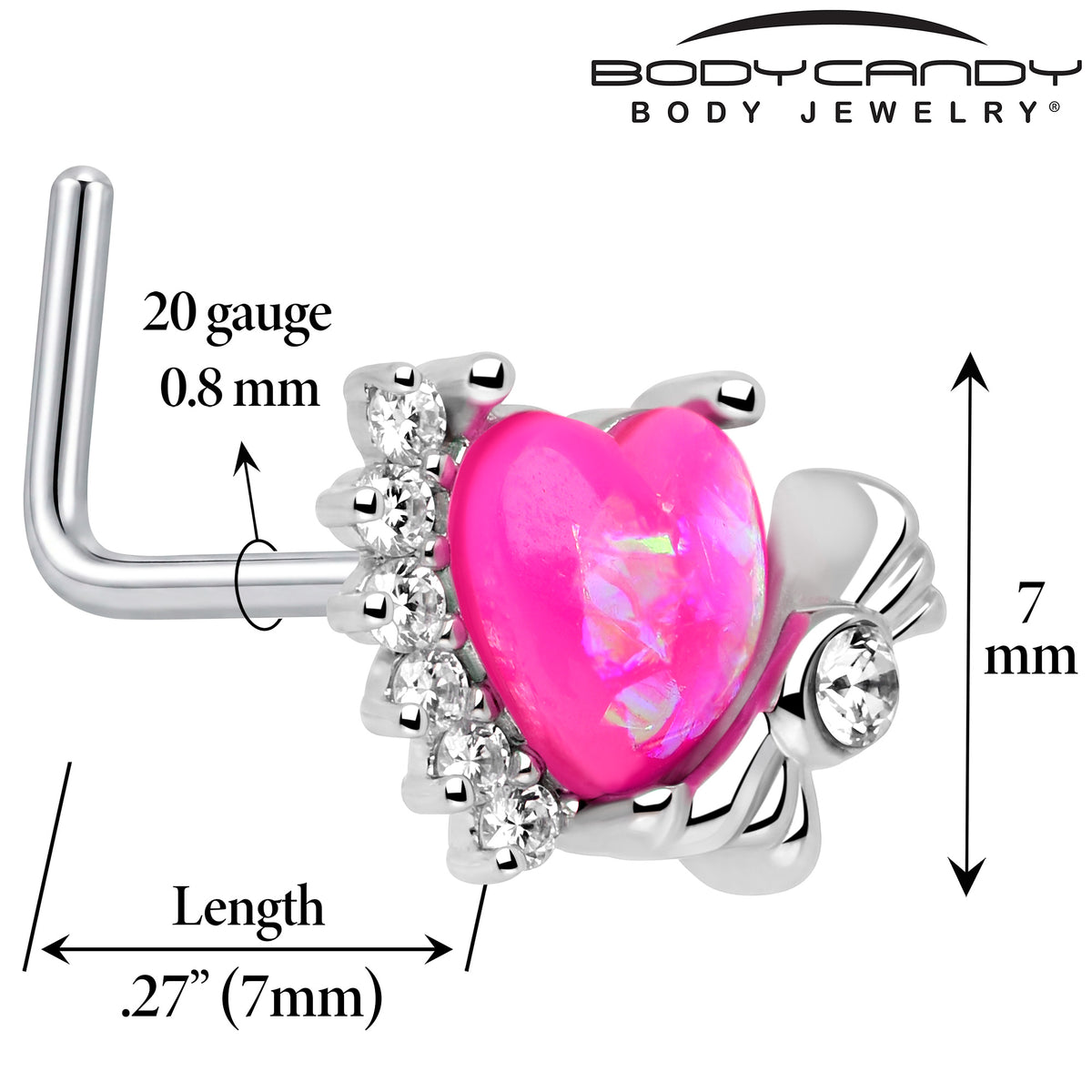 20G 7mm Pink Faux Opal Sunny Heart L Shape Nose Ring