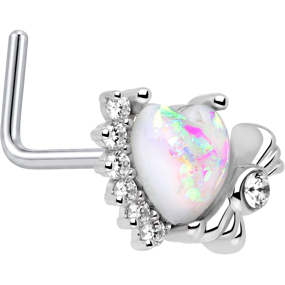 20G 7mm White Faux Opal Sunny Heart L Shape Nose Ring
