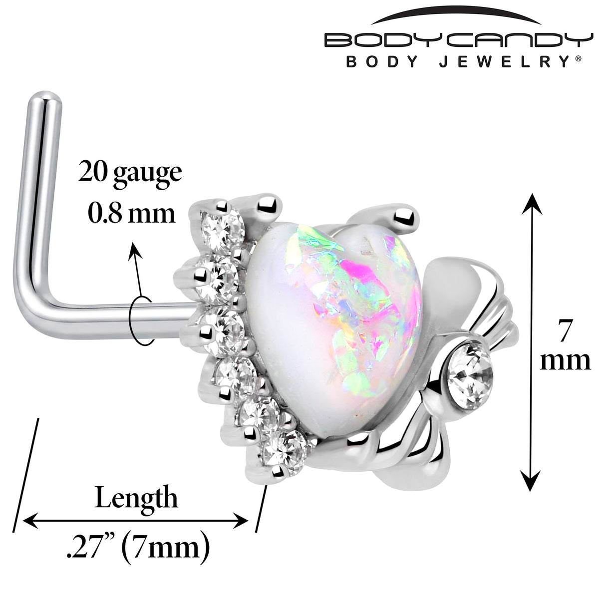 20G 7mm White Faux Opal Sunny Heart L Shape Nose Ring
