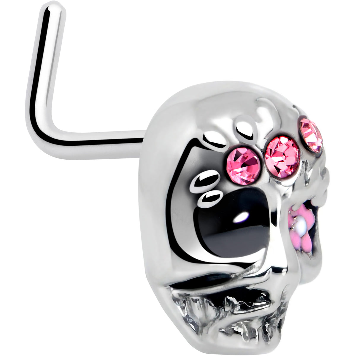 20G 7mm Pink CZ Gem Stylish Skull L Shape Nose Ring