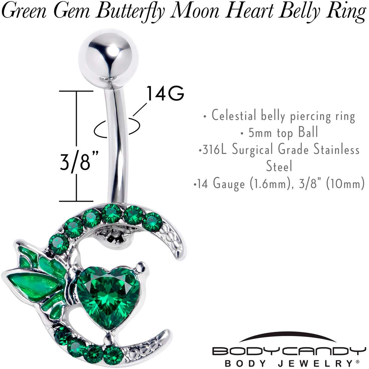 Green Gem Butterfly Moon Heart Belly Ring