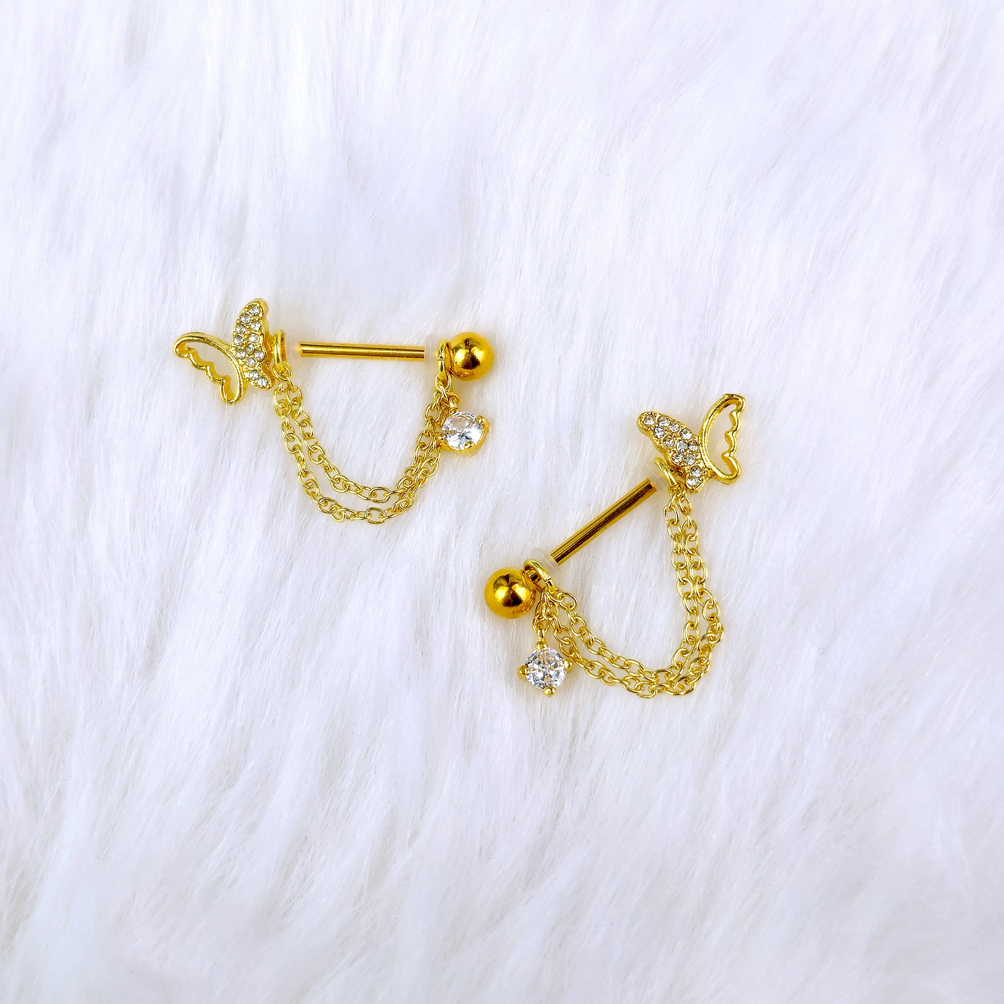 14G 9/16 Clear Gem Gold Tone Butterfly White Dangle Nipple Ring Set