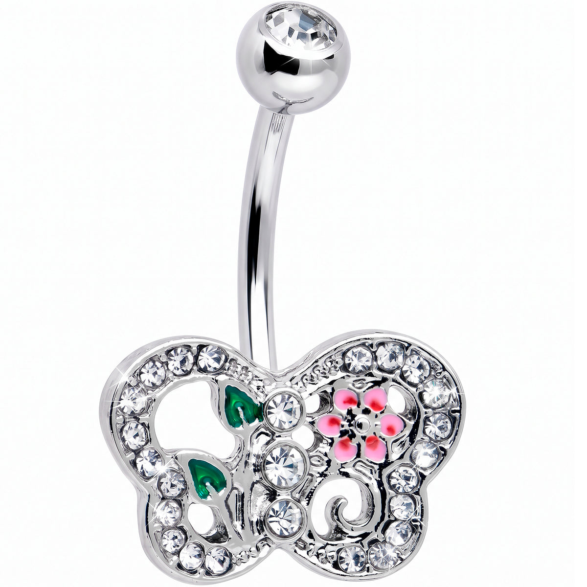 Clear Pink Gem Floral Butterfly Belly Ring