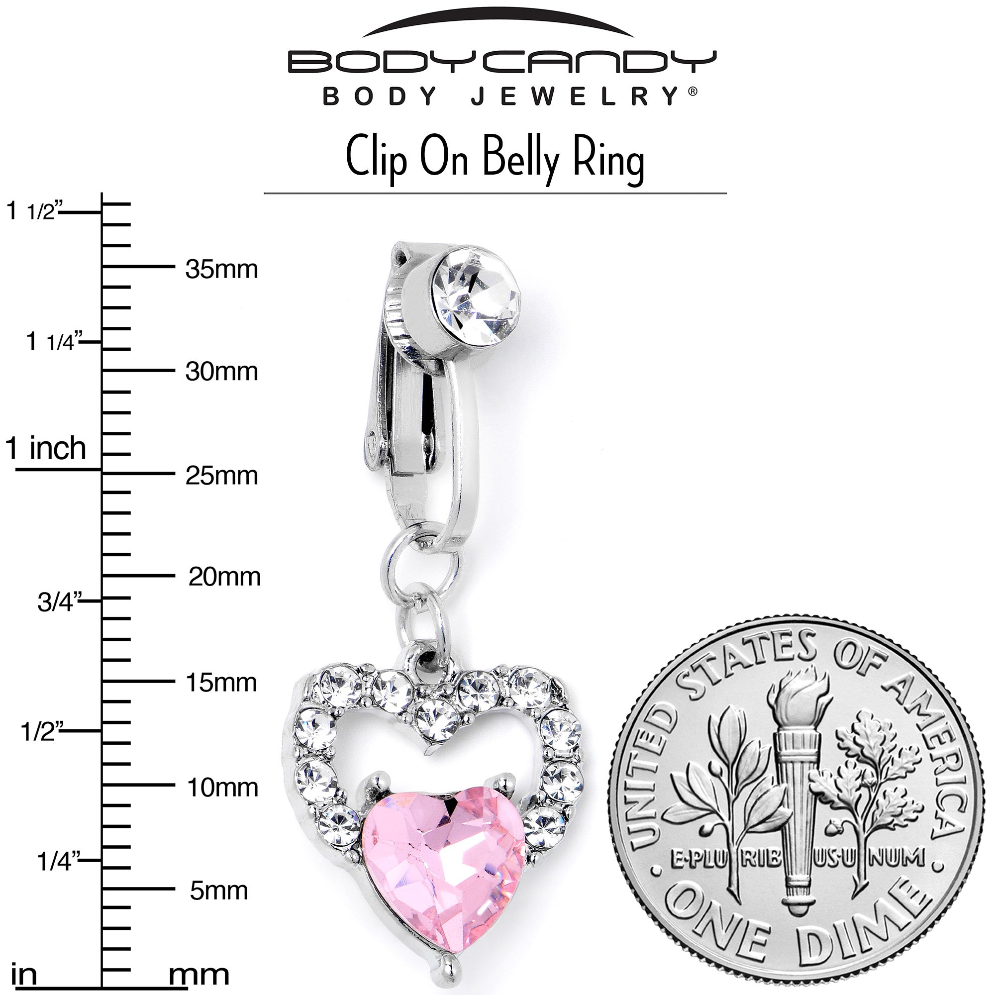 Clear Pink CZ Gem Double Heart Fake Clip On Belly Ring